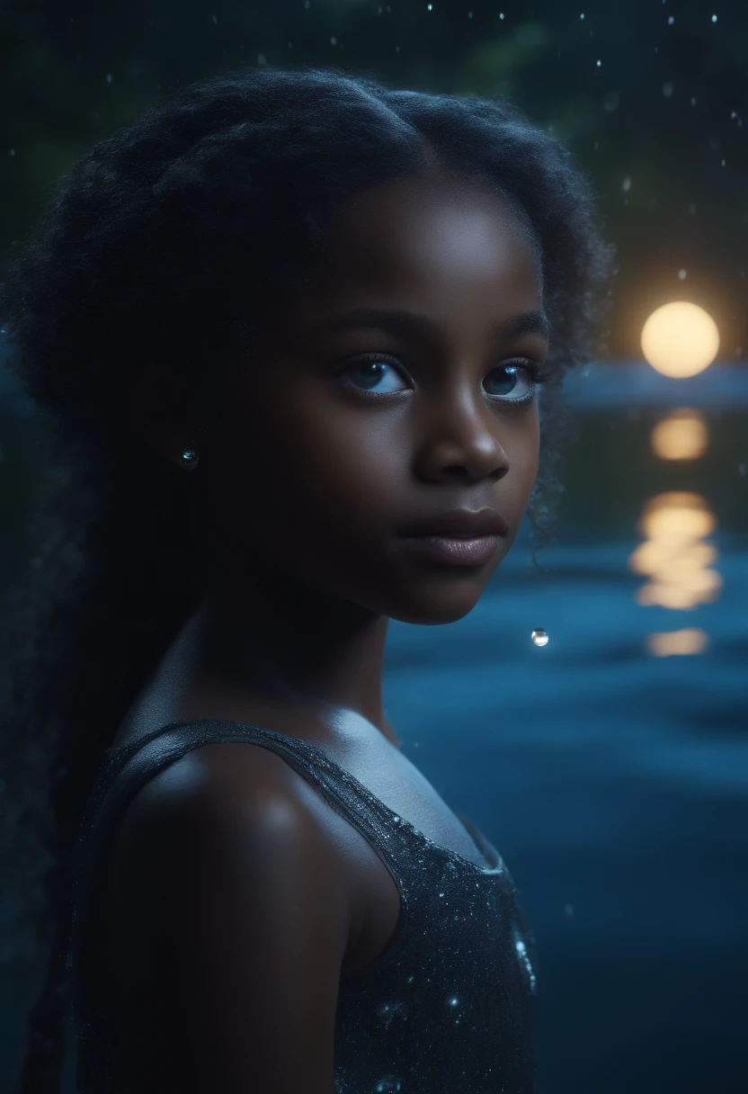 beautiful 9 YEAR OLD black maiden with blue eyes in the middle of magic water water droplets crowning her, full moon, She is looking at the droplet symbol of water element floating around, hyperdetailed, detailed matte painting deep color fantastical intricate detail complementary colors 8k resolution trending on Artstation Unreal Engine 5"