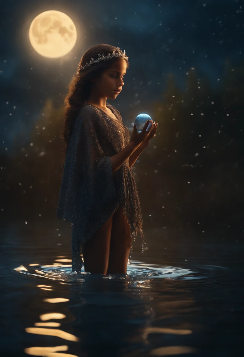 beautiful 9 YEAR OLD black maiden with blue eyes in the middle of magic water water droplets crowning her, full moon, She is looking at the droplet symbol of water element floating around, hyperdetailed, detailed matte painting deep color fantastical intricate detail complementary colors 8k resolution trending on Artstation Unreal Engine 5"