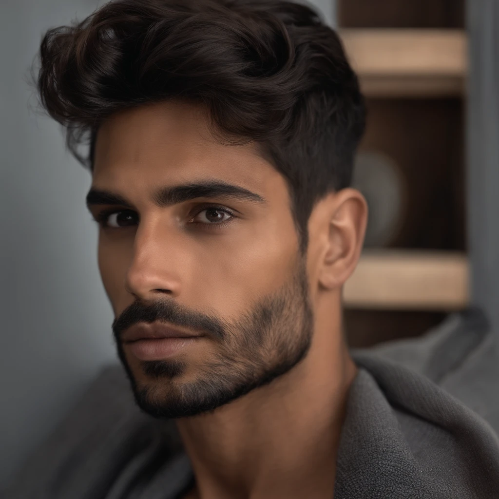 Hombre guapo,masculino,ojos negros,cabello corto color negro, delgado, esbelto, sin camisa en su habitacion.