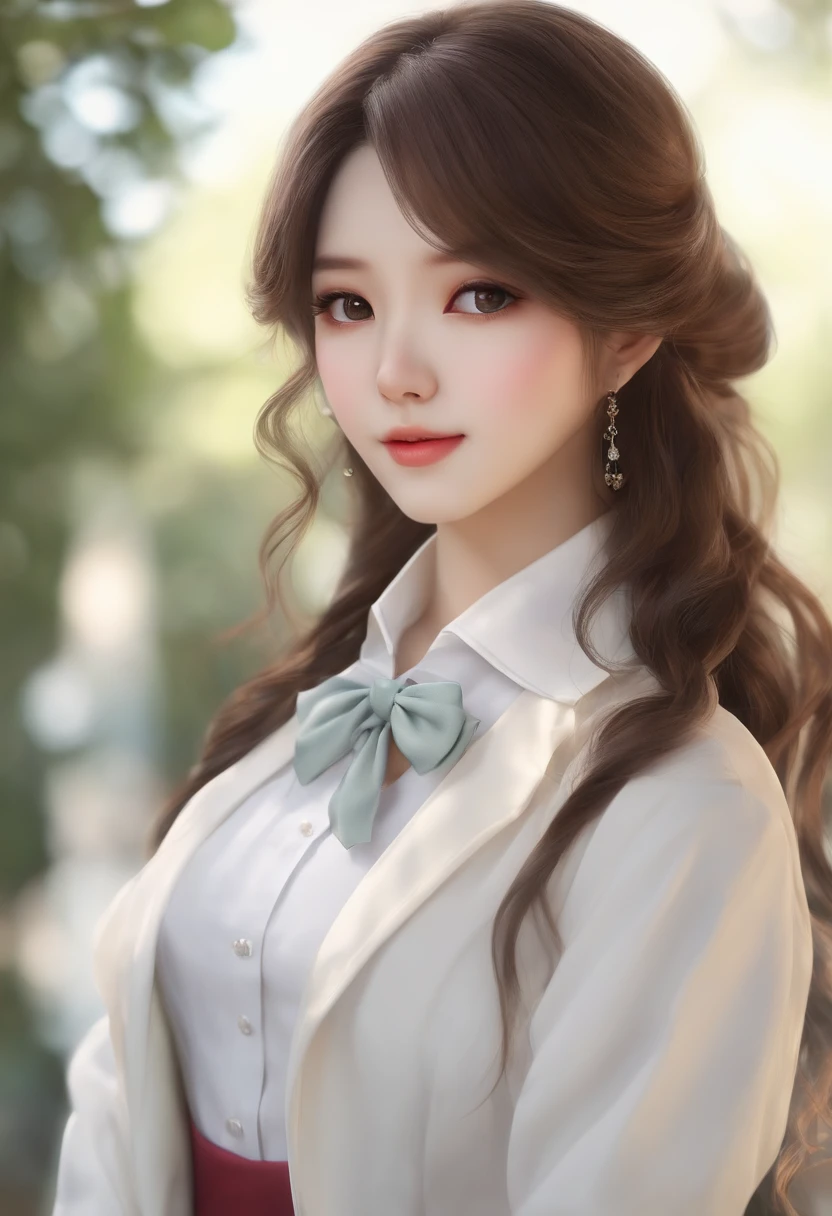There's a woman with long hair wearing a white jacket and a bow tie, coreana, menina jovem realista, Menina chinenina anime na vil, Menina anime com cabelo branco hime corte penteado, bonito rosto de anime natural, Estilo anime 3D realista, menina anime bonita, com bonitno - rosto, retrato bonito do anime, Mulher sul-coreana bonita