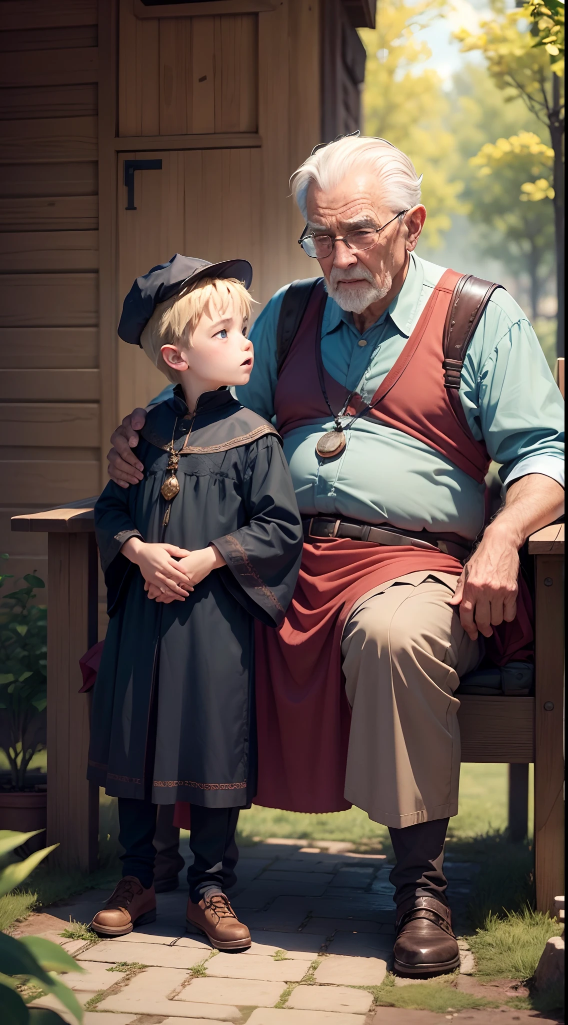 A wise old man advising a boy, 8k, antigo