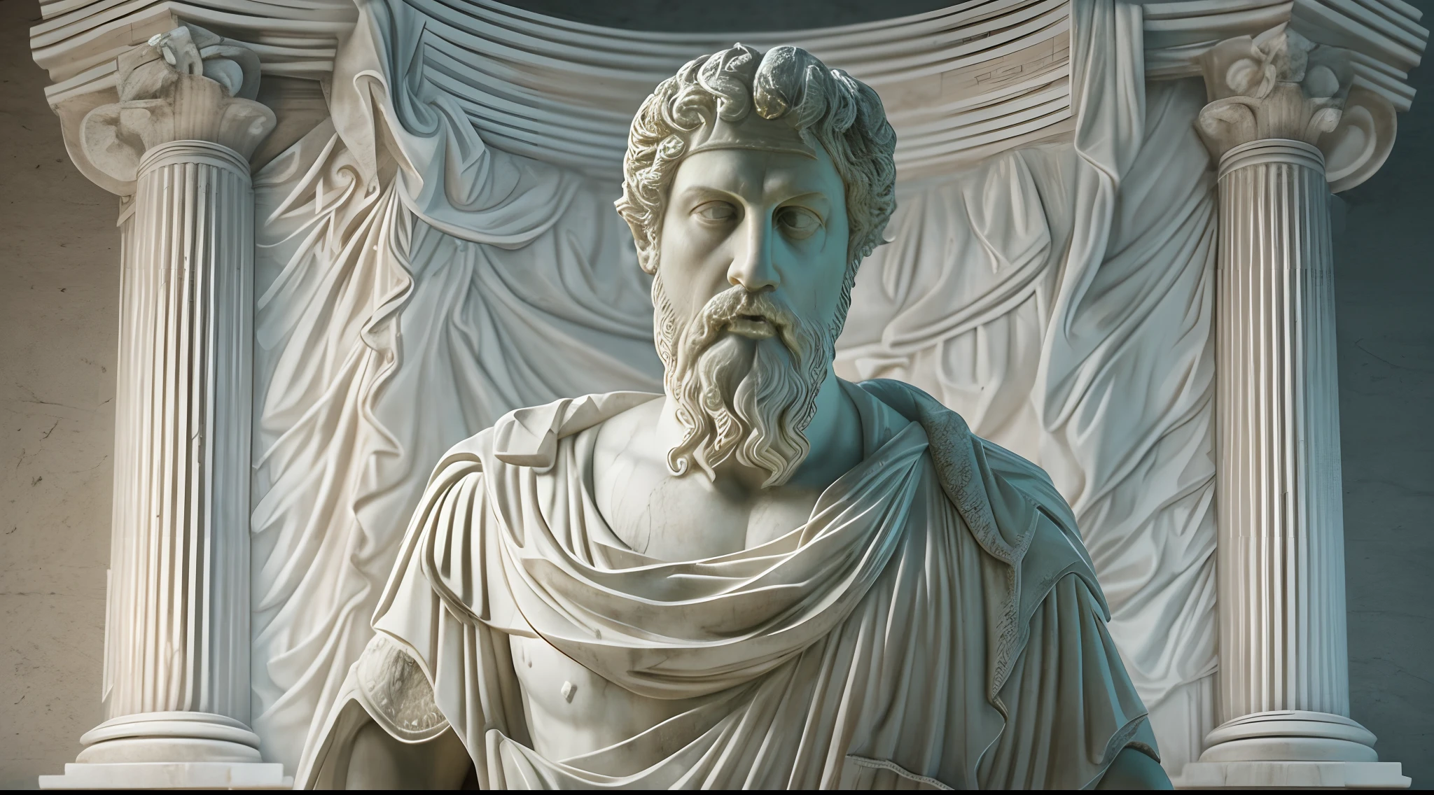 a realistic of bust  greek white marble statue of marco aurelio wearing a ghostly toga, neutral background, moody, stoic, photorealistic, cinematic scene, super detailed, hyper realistic, bright lights, 8 k