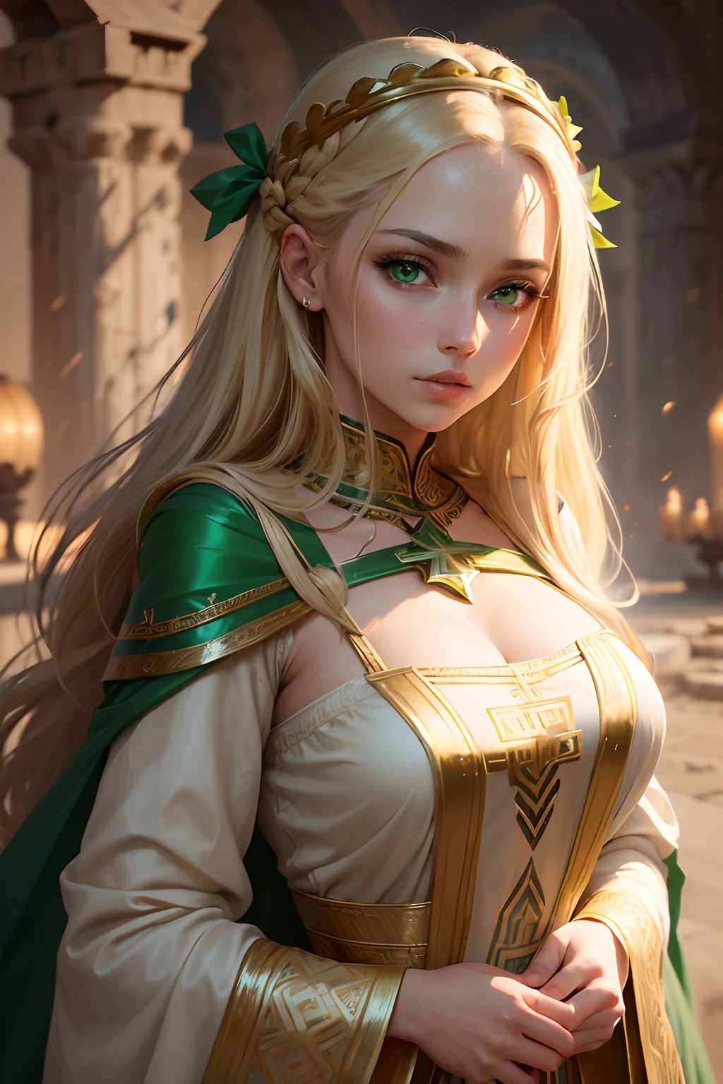 (((absurdres))), (((best quality))), portrait, digital art, (trending on ArtStation), ((1woman)), ((sexy)), ((green shiny eyes)), star-shaped eyes, beautiful, (beige blonde long hair), (((greek clothing))):0.9.
