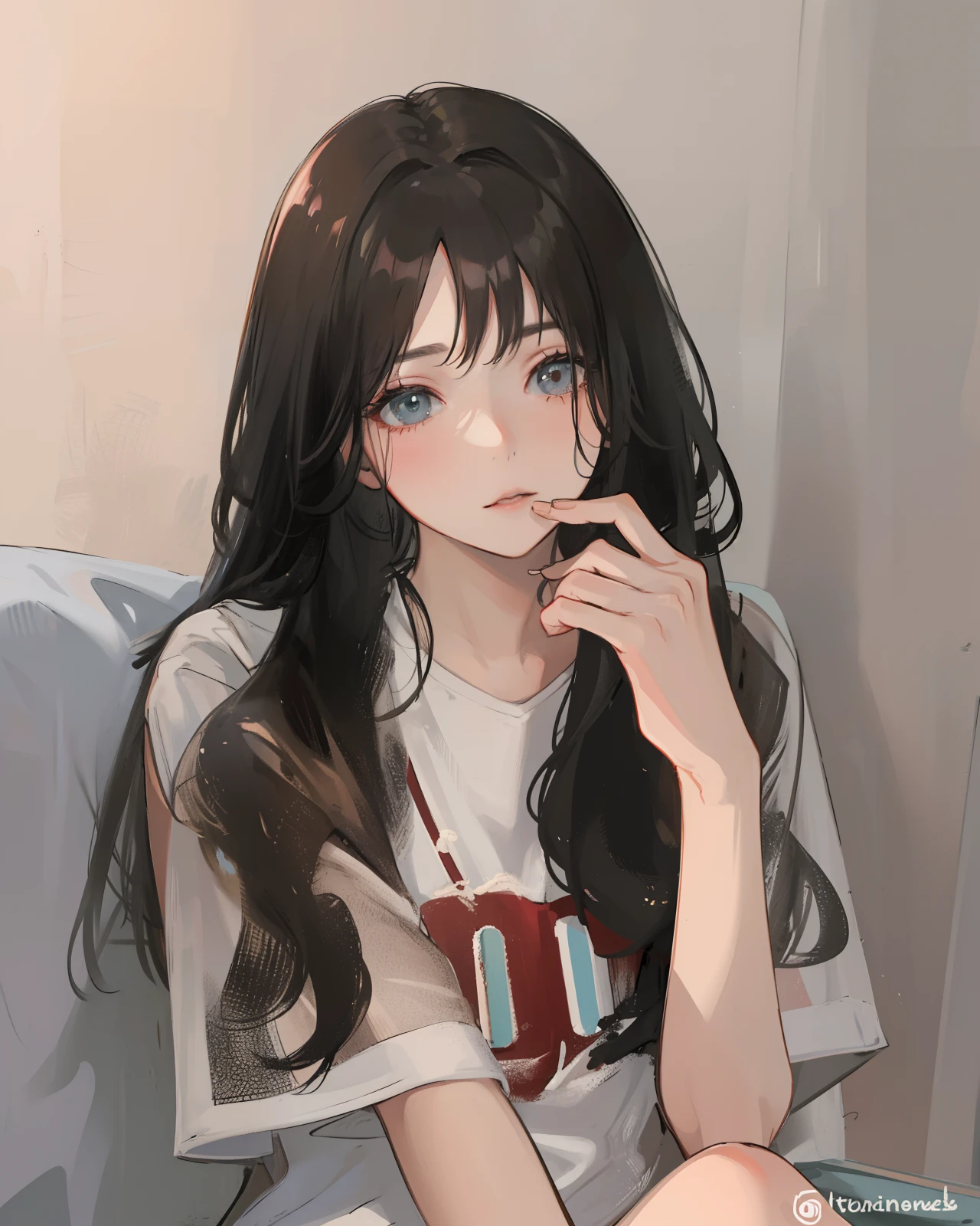 1girl,sitting on a cozy couch,crossing legs,soft light