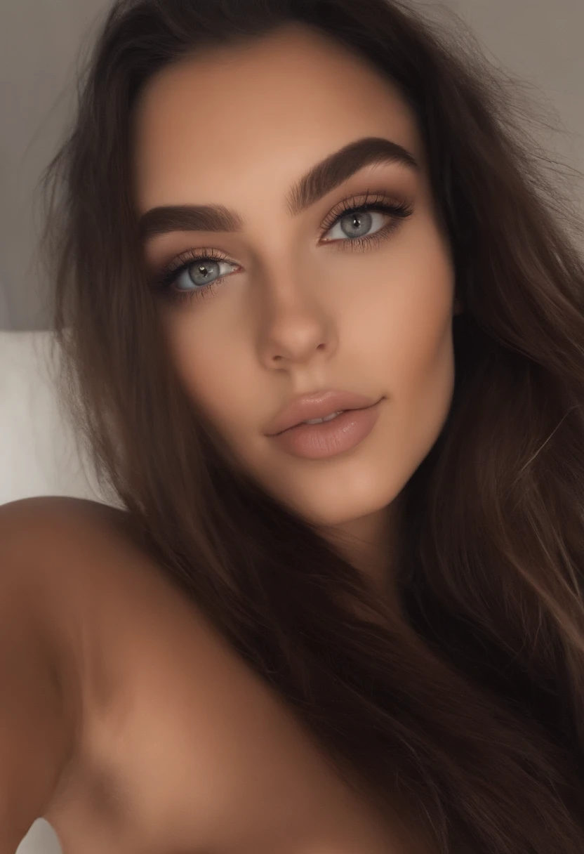 Femme arafed aux seins nus, fille sexy aux yeux bruns, Portrait Sophie Mudd, cheveux bruns et grands yeux, selfie of a young woman, Kammeraugen, Violet Myers, Sans maquillage, maquillage naturel, Look directly into the camera, Visage avec Artgram, dezentes Maquillage, Grande photo du corps entier, dans la chambre, topless