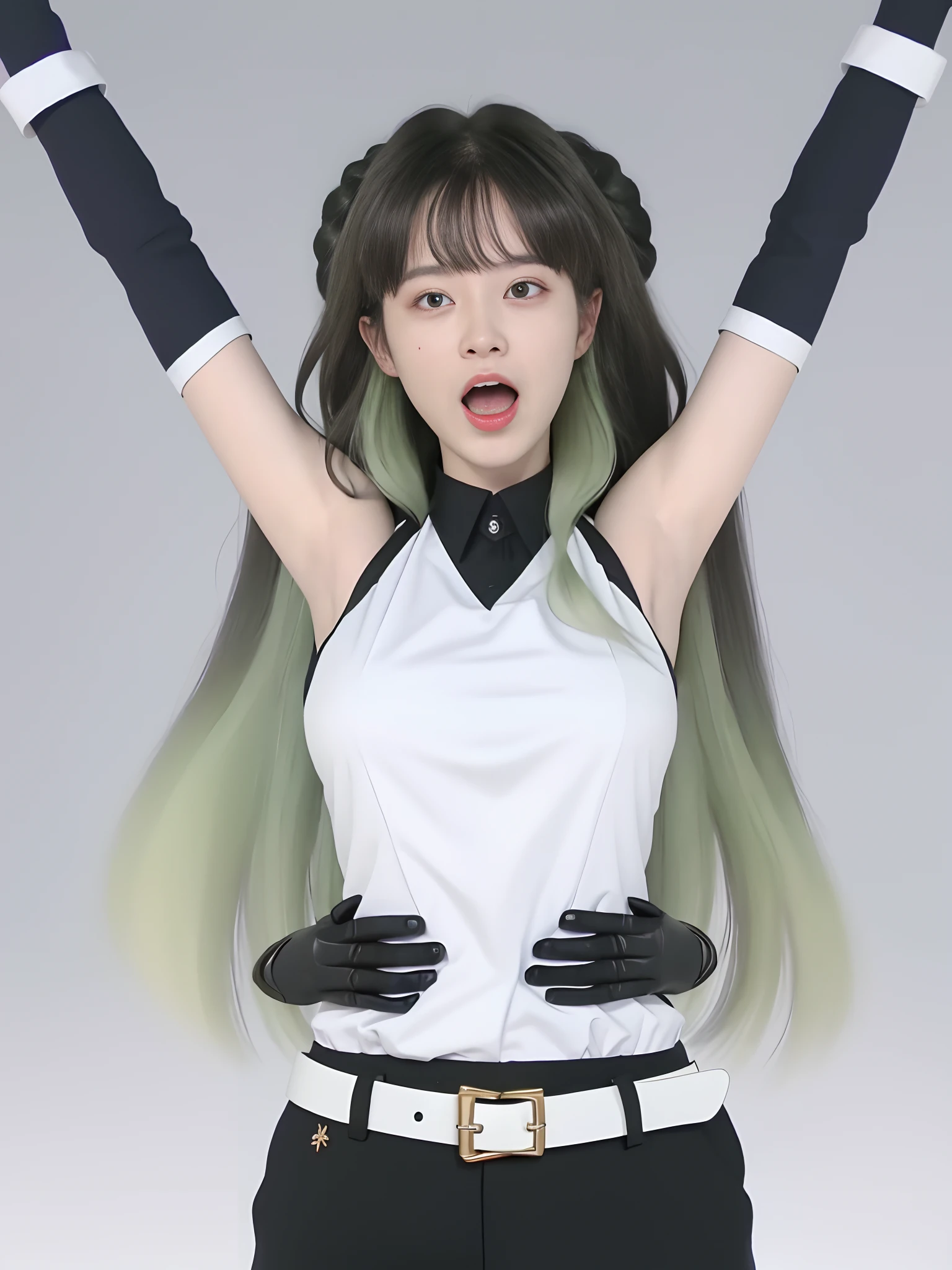 tmasterpiece, Best quality at best, 1girll, 独奏, teardrop, Be red in the face, dreads, scream, and the tongue sticks out, laughingly, with her mouth open, roll eyes, head looking up, full bodyesbian, Armpits, Arms up, (Torso grab, Tickle, mitts, Intangible limbs:1.2), TKL