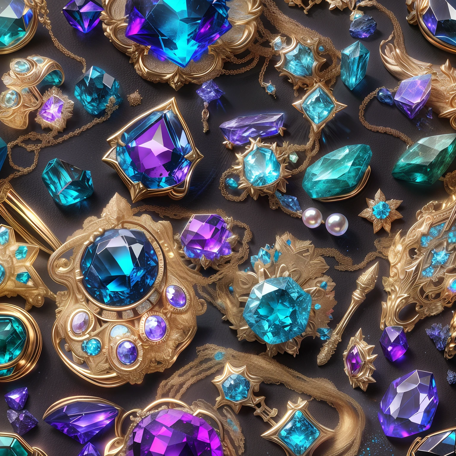 (Future style: 1.2), (Full Focus: 2), (Everything in the showcase: 1.3), (Magic Items | Multicolored gemstones | cherry blossoms | Printed silk products | Medals | Ores | obsidian | pearls | emerald | White jade | amethyst | sapphire | Jewelry made of gold | Silverware | Purple gold | Magic jewelry | antiques | ruby | Orange Gemstone | blue gemstone | Topaz |: 2), Magic symbols, Magic particle effects, High-tech luxury, High-quality jewelry, Expensive metal, Luxuries, No puzzles, Detailed and complex backgrounds, Sparkling, reflection light, extra high resolution, Award-winning, hight resolution, Highly detailed texture, Contrast between light and dark, Cinematic lighting, Masterpieces, Ray Tracing, Structurally correct, super details, high-quality, high detail, Best Quality, 16k