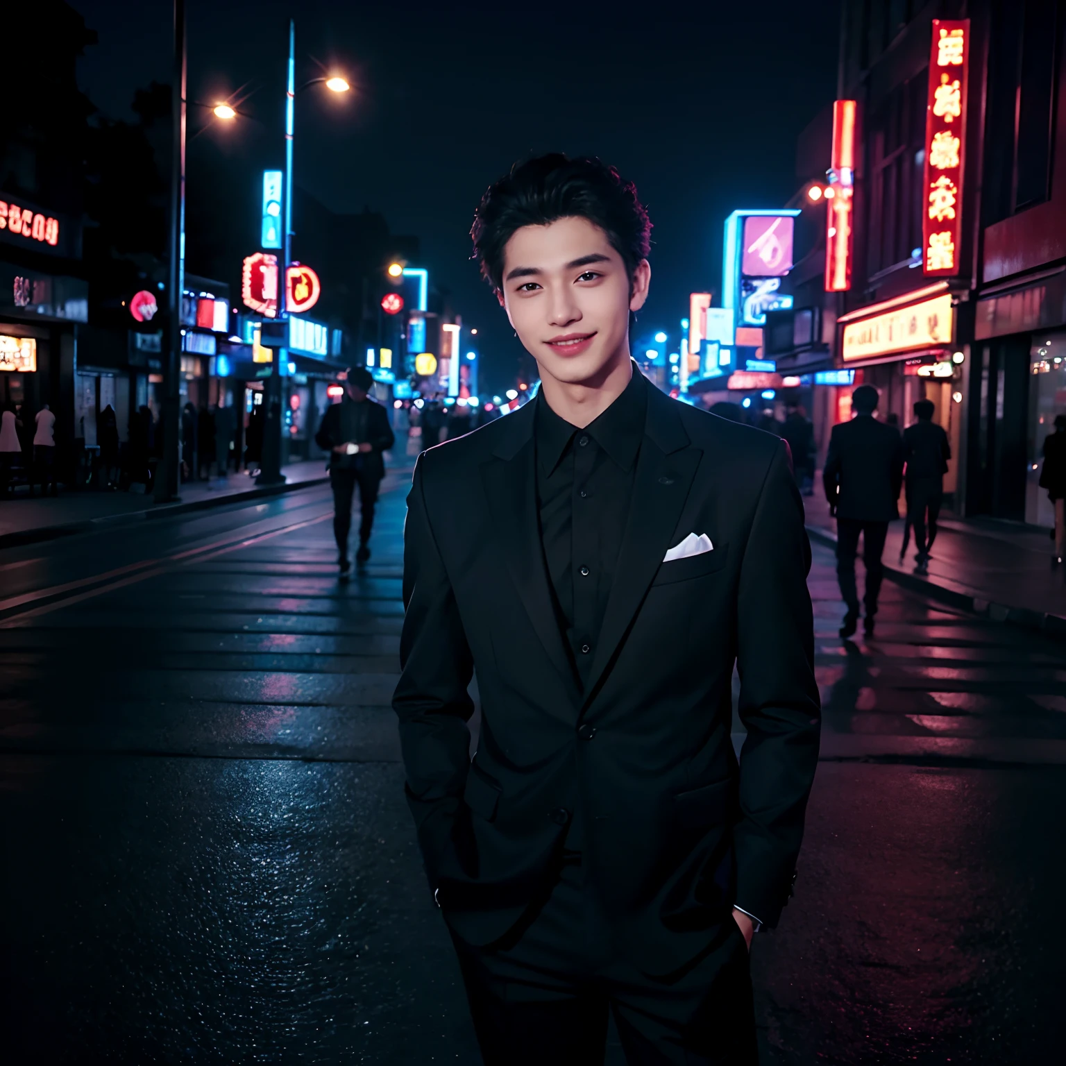 Transcendent Beautiful Boys、Top image quality、Masterpiece、4k、Quality like a raw photo、black suits、1 male human、kindly smile 、
Neon street at night on the background 、refreshing、