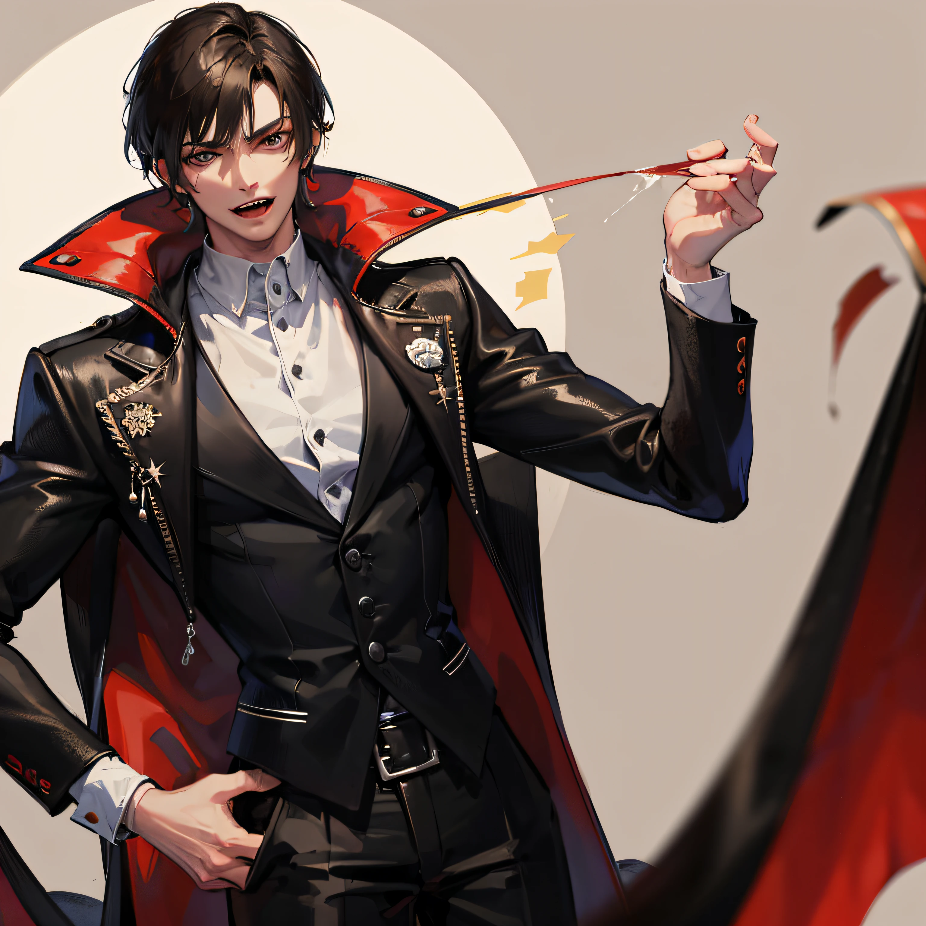 Absurd, high resolution, super detailed), 1 male, adult, handsome, tall muscular man, broad shoulders, black suit, scarlet eyes and delicate face, black hair, fantasy, vampire, fangs, fangs