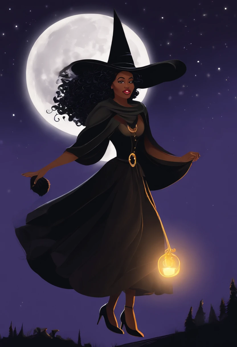The image depicts a full-figured, thick African American woman dressed up in an elaborate witch costume while riding a broomstick.
She has glowing dark brown skin and is wearing a long, flowing black dress that accentuates her voluptuous curves. Over the dress, she has on a dark purple cloak with a tall collar that frames her face. On her head sits a classic black witches hat with a wide brim that casts a shadow over her eyes, obscuring them mysteriously.
Her expression is confident and mischievous, like she's enjoying playing the part of the witch. She's riding sidesaddle on an old broomstick, holding it steady with one hand while the other rests on her hip. Her posture is poised yet relaxed, as if she's cruising leisurely across the moonlit night sky.
The background scene is dark with a full moon visible behind the clouds. The starry night sky creates a mystical ambience and her costume and pose make her look like a true, magical witch flying effortlessly through the air. The image conveys a sense of whimsy and empowerment in its depiction of this full-figured black woman fully embracing a fun cosplay witch persona.