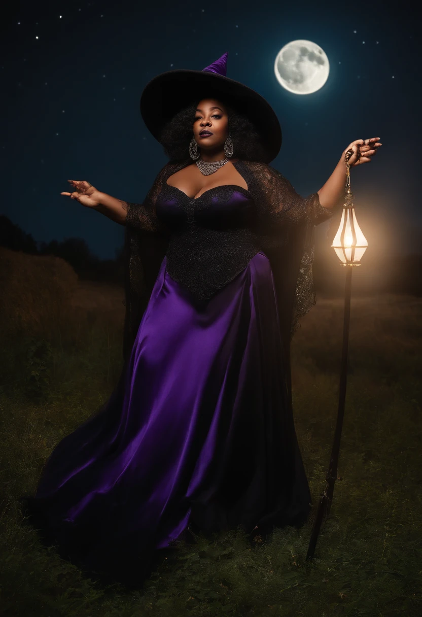 The image depicts a full-figured, thick African American woman dressed up in an elaborate witch costume while riding a broomstick.

She has glowing dark brown skin and is wearing a long, flowing black dress that accentuates her voluptuous curves. Over the dress, she has on a dark purple cloak with a tall collar that frames her face. On her head sits a classic black witches hat with a wide brim that casts a shadow over her eyes, obscuring them mysteriously.

Her expression is confident and mischievous, like she's enjoying playing the part of the witch. She's riding sidesaddle on an old broomstick, holding it steady with one hand while the other rests on her hip. Her posture is poised yet relaxed, as if she's cruising leisurely across the moonlit night sky.

The background scene is dark with a full moon visible behind the clouds. The starry night sky creates a mystical ambience and her costume and pose make her look like a true, magical witch flying effortlessly through the air. The image conveys a sense of whimsy and empowerment in its depiction of this full-figured black woman fully embracing a fun cosplay witch persona.