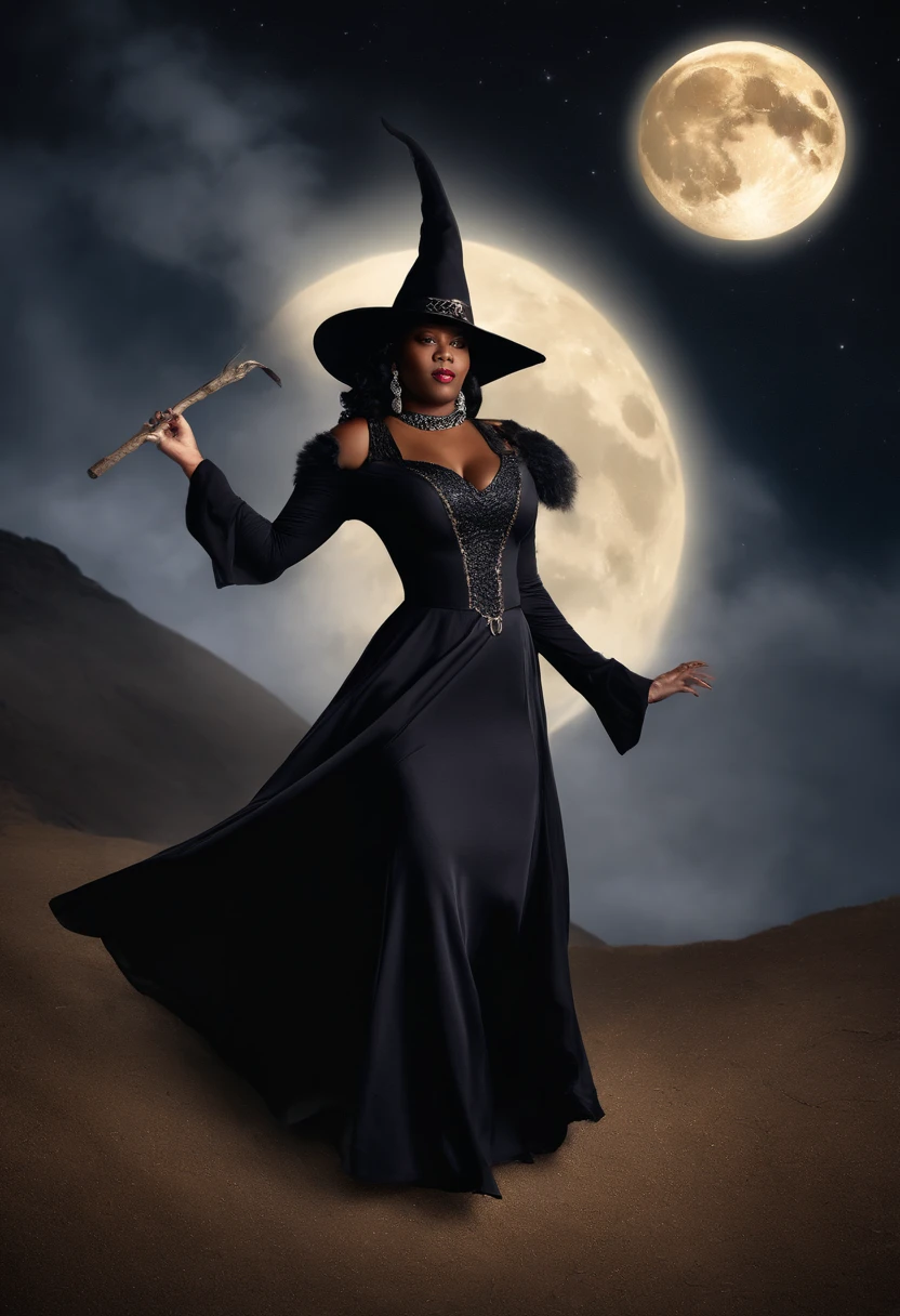 The image depicts a full-figured, thick African American woman dressed up in an elaborate witch costume while riding a broomstick.
She has glowing dark brown skin and is wearing a long, flowing black dress that accentuates her voluptuous curves. Over the dress, she has on a dark purple cloak with a tall collar that frames her face. On her head sits a classic black witches hat with a wide brim that casts a shadow over her eyes, obscuring them mysteriously.
Her expression is confident and mischievous, like she's enjoying playing the part of the witch. She's riding sidesaddle on an old broomstick, holding it steady with one hand while the other rests on her hip. Her posture is poised yet relaxed, as if she's cruising leisurely across the moonlit night sky.
The background scene is dark with a full moon visible behind the clouds. The starry night sky creates a mystical ambience and her costume and pose make her look like a true, magical witch flying effortlessly through the air. The image conveys a sense of whimsy and empowerment in its depiction of this full-figured black woman fully embracing a fun cosplay witch persona.