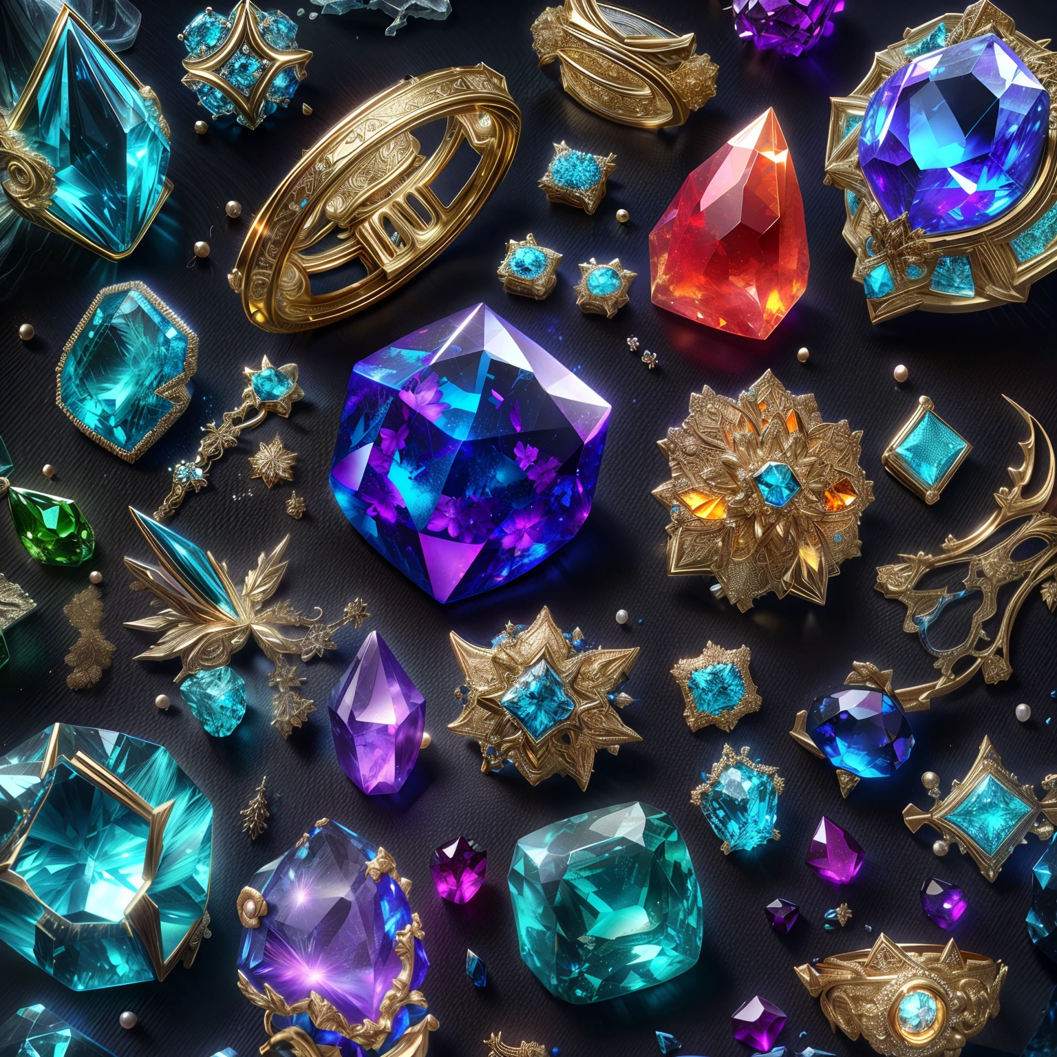 (Future style: 1.2), (Full Focus: 2), (Everything in the showcase: 1.3), (Magic Items | Multicolored gemstones | cherry blossoms | Printed silk products | Medals | Ores | obsidian | pearls | emerald | White jade | amethyst | sapphire | Jewelry made of gold | Silverware | Purple gold | Magic jewelry | antiques | ruby | Orange Gemstone | blue gemstone | Topaz |: 2), Magic symbols, Magic particle effects, High-tech luxury, High-quality jewelry, Expensive metal, Luxuries, No puzzles, Detailed and complex backgrounds, Sparkling, reflection light, extra high resolution, Award-winning, hight resolution, Highly detailed texture, Contrast between light and dark, Cinematic lighting, Masterpieces, Ray Tracing, Structurally correct, super details, high-quality, high detail, Best Quality, 16k