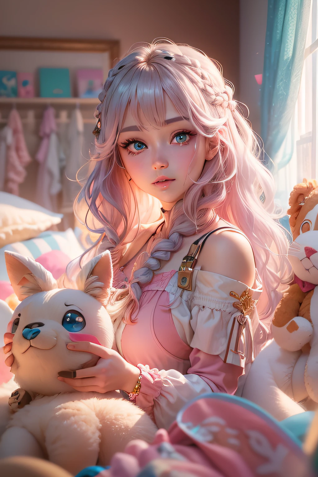 (8k, UHD), highres, ultra quality, extreme detail, smooth focus, anime girl, in bedroom, sunny, close up, wearing long pink dress, long sliver hair, braided hair, blue eyes, holding stuff animal, trinkets, posters, stuffs animals, ray tracing, inspired by lariennechan, rendered in blender