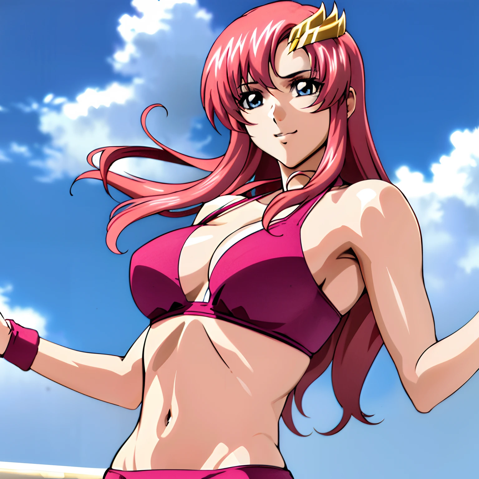 (masterpiece, upper body view, 4K, Best Quality, Anime style: 1.9,, Adult Woman, ultra detailed face, (cloud background, wrestling), Drawing lines, high resolution, Anime, lacus4), 1girl, Solo, curvy figure, Long hair, 鎖骨, scapular, (Detailed wide hair bangs, Hair Ornament, Detailed reddish-pink hair, golden crest), cleavage, large hands, (female wrestler). (Big blue eyes, shiny eyes), ((female wrestler, slender body, broad shoulders, closed fists)), ((perfect proportions, medium breasts, long belly)), (((bikini, pink wrestling gear))), happy, smile, (standing, looking at the viewer)