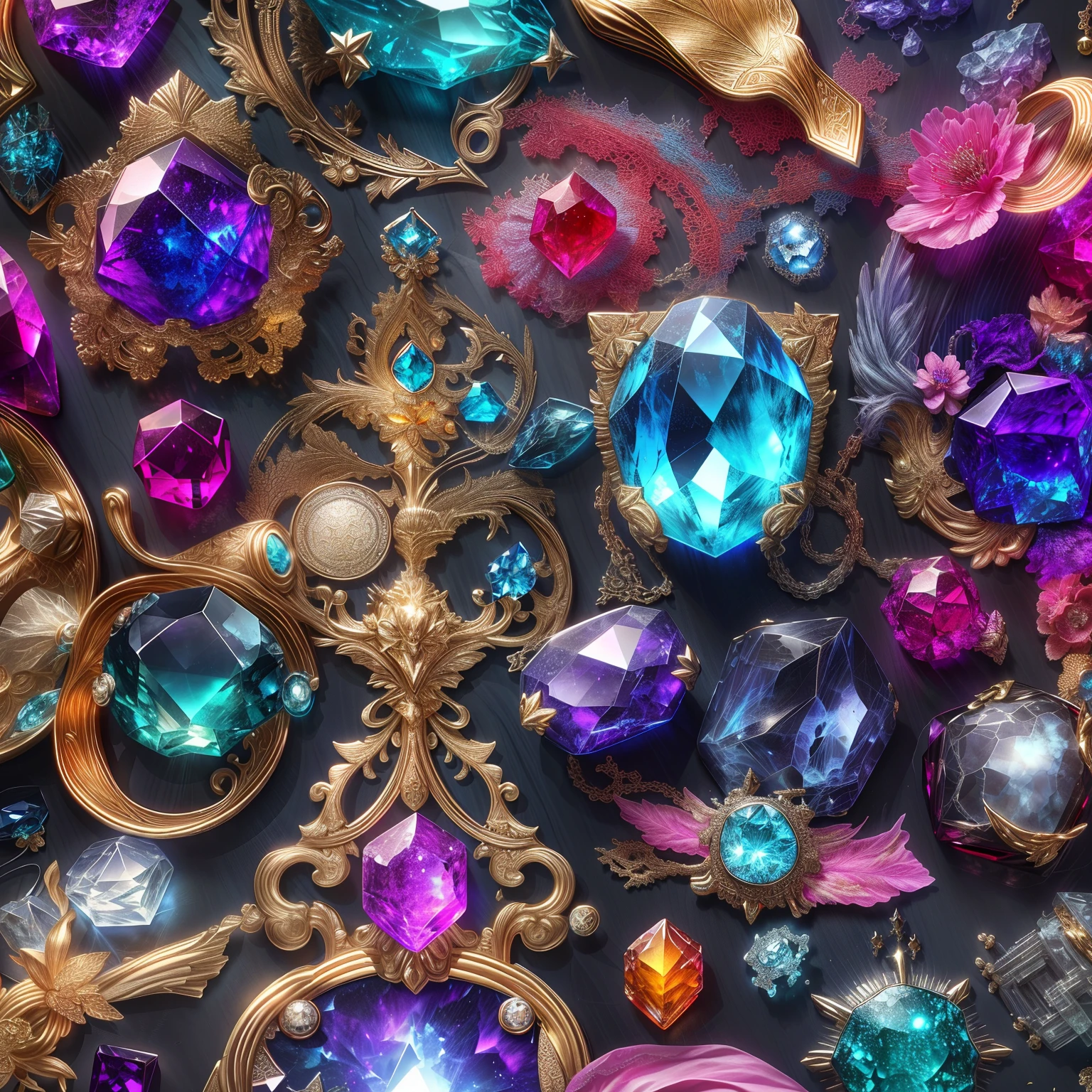 (Future style: 1.2), (Full Focus: 2), (Everything in the showcase: 1.3), (Magic Items | Multicolored gemstones | cherry blossoms | Printed silk products | Medals | Ores | obsidian | pearls | emerald | White jade | amethyst | sapphire | Jewelry made of gold | Silverware | Purple gold | Magic jewelry | antiques | ruby | Orange Gemstone | blue gemstone | Topaz |: 2), Magic symbols, Magic particle effects, High-tech luxury, High-quality jewelry, Expensive metal, Luxuries, No puzzles, Detailed and complex backgrounds, Sparkling, reflection light, extra high resolution, Award-winning, hight resolution, Highly detailed texture, Contrast between light and dark, Cinematic lighting, Masterpieces, Ray Tracing, Structurally correct, super details, high-quality, high detail, Best Quality, 16k