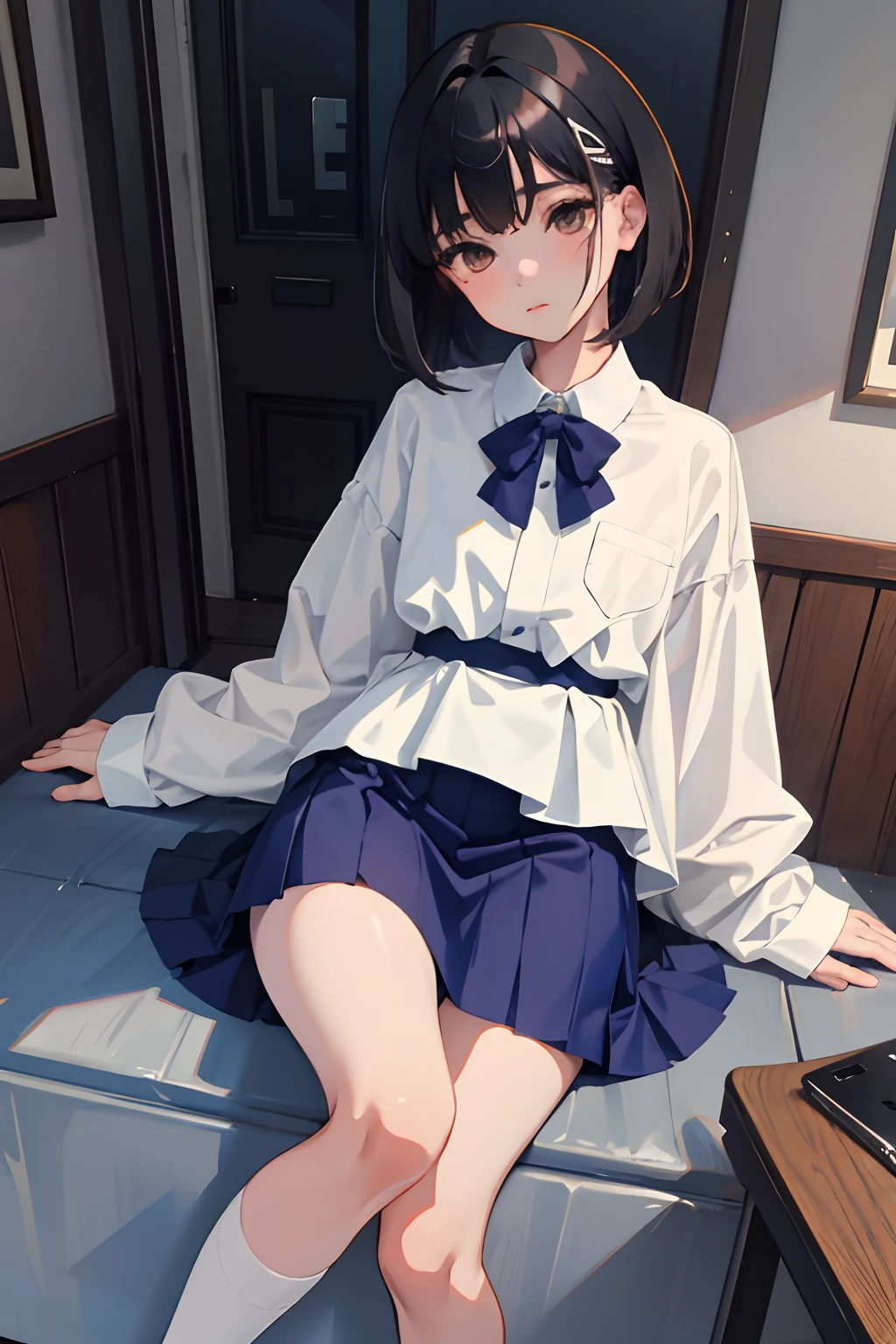 ，（​masterpiece，Highest Quality），pleatedskirt，Thigh，Thigh-length socks，Sleepy face，A dark-haired，Medium bob