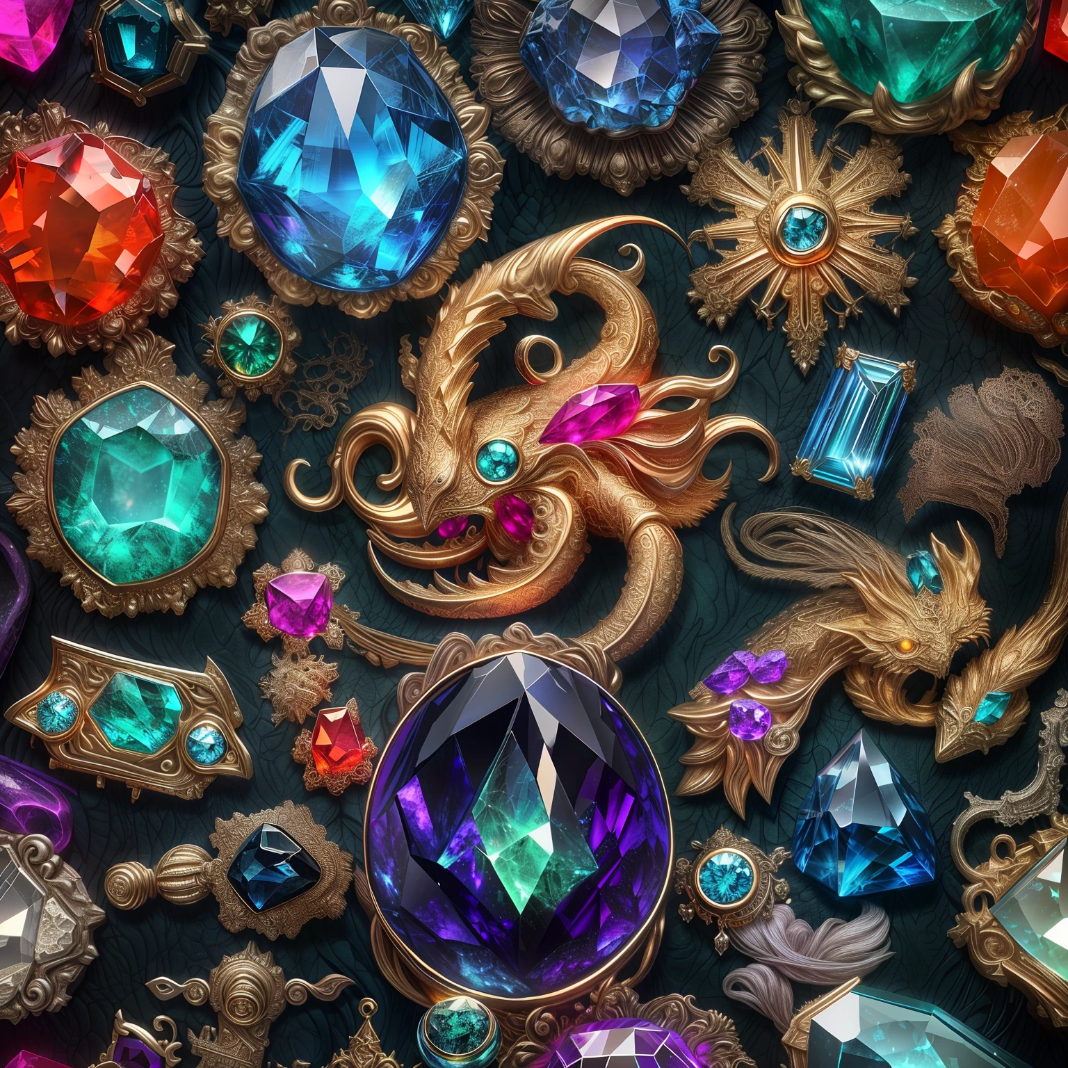(Cthulhu mythological style: 1.2), (Full Focus: 2), (Everything in the showcase: 1.3), (Magic Items | Multicolored gemstones | cherry blossoms | Printed silk products | Medals | Ores | obsidian | pearls | emerald | White jade | amethyst | sapphire | Jewelry made of gold | Silverware | Purple gold | Magic jewelry | antiques | ruby | Orange Gemstone | blue gemstone | Topaz |: 2), Magic symbols, Magic particle effects, High-tech luxury, High-quality jewelry, Expensive metal, Luxuries, No puzzles, Detailed and complex backgrounds, Sparkling, reflection light, extra high resolution, Award-winning, hight resolution, Highly detailed texture, Contrast between light and dark, Cinematic lighting, Masterpieces, Ray Tracing, Structurally correct, super details, high-quality, high detail, Best Quality, 16k