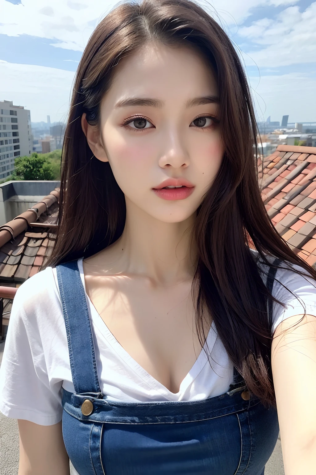 ((Midnight, Best Quality, 8K, Masterpiece: 1.3)), Upper body, B-cup breasts, Clear focus: 1.2, Pretty woman with perfect body: 1.4, Slender abs: 1.1, ((dark brown hair)), (White tight T-shirt, jean bib, standing: 1.2), ((Rooftop: 1.3)), Very detailed face and skin texture, delicate eyes, double eyelids