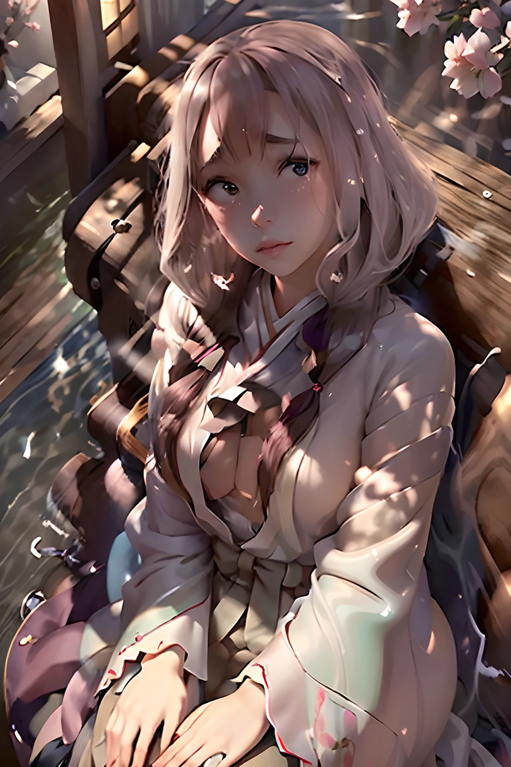 (best quality,ultra-detailed,realistic:1.37),beautiful young Japanese American woman,glistening rose-gold details,shimmering silver accents,soft pink and white hues,vibrant yellow and red tones,subtle hints of blue and orange,elegant purple undertones,lush green surroundings,traditional kimono attire with intricate patterns and delicate embroidery,natural and effortless beauty,mesmerizing almond-shaped eyes and long eyelashes,rosy cheeks and perfectly shaped lips,wavy, flowing black hair cascading down her back,sitting gracefully in a serene garden,soft sunlight casting a warm glow on her flawless porcelain skin,surrounded by blooming roses and cherry blossom trees,a sense of tranquility and harmony,pure and ethereal aura,subtle yet captivating expression on her face,delicately holding a fan adorned with delicate cherry blossom motifs,an enchanting blend of Japanese and American cultures,alluring and captivating presence, a true embodiment of beauty and grace. (Anime art style), (full body)