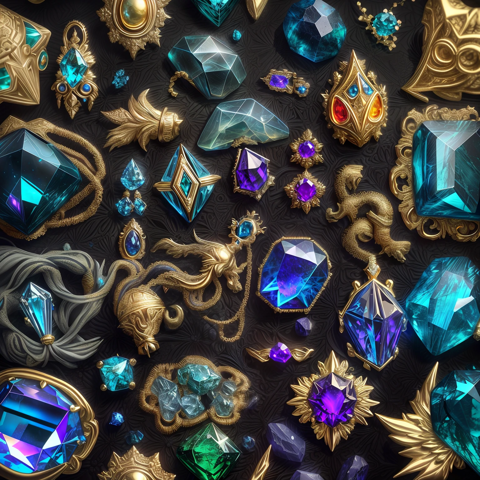 (Cthulhu mythological style: 1.2), (Full Focus: 2), (Everything in the showcase: 1.3), (Magic Items | Multicolored gemstones | cherry blossoms | Printed silk products | Medals | Ores | obsidian | pearls | emerald | White jade | amethyst | sapphire | Jewelry made of gold | Silverware | Purple gold | Magic jewelry | antiques | ruby | Orange Gemstone | blue gemstone | Topaz |: 2), Magic symbols, Magic particle effects, High-tech luxury, High-quality jewelry, Expensive metal, Luxuries, No puzzles, Detailed and complex backgrounds, Sparkling, reflection light, extra high resolution, Award-winning, hight resolution, Highly detailed texture, Contrast between light and dark, Cinematic lighting, Masterpieces, Ray Tracing, Structurally correct, super details, high-quality, high detail, Best Quality, 16k