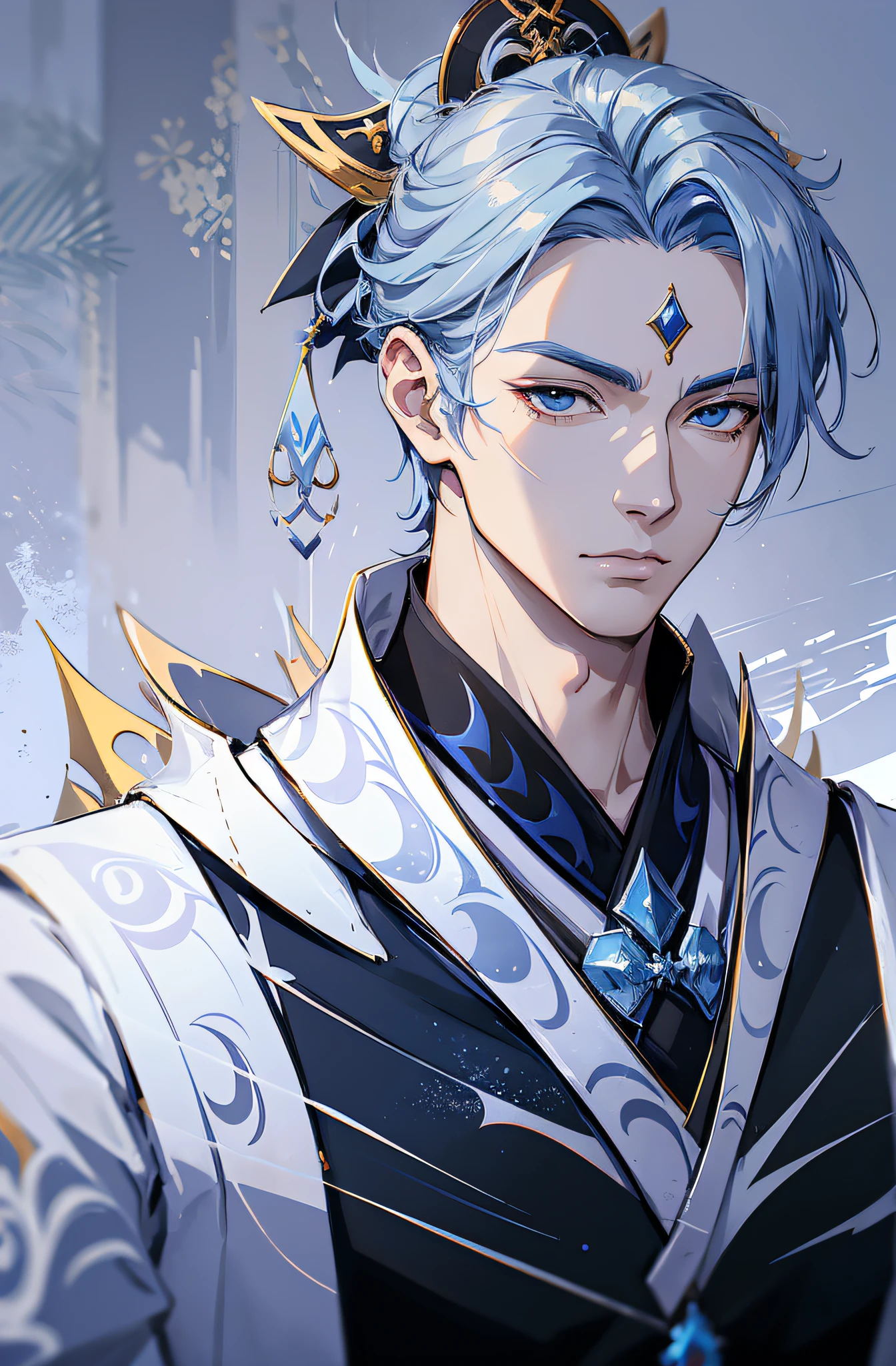 Anime - style image of a man with black hair and white and blue outfit, Keqing von Genshin Impact, Handsome guy in demon slayer art, Taisho Roman, handsome androgynous prince, Zhongli von Genshin Impact, white haired deity, anime gutaussehender mann, zarter androgyner Prinz, Masamune Shiro, heise jinyao, Offizielle Kunst