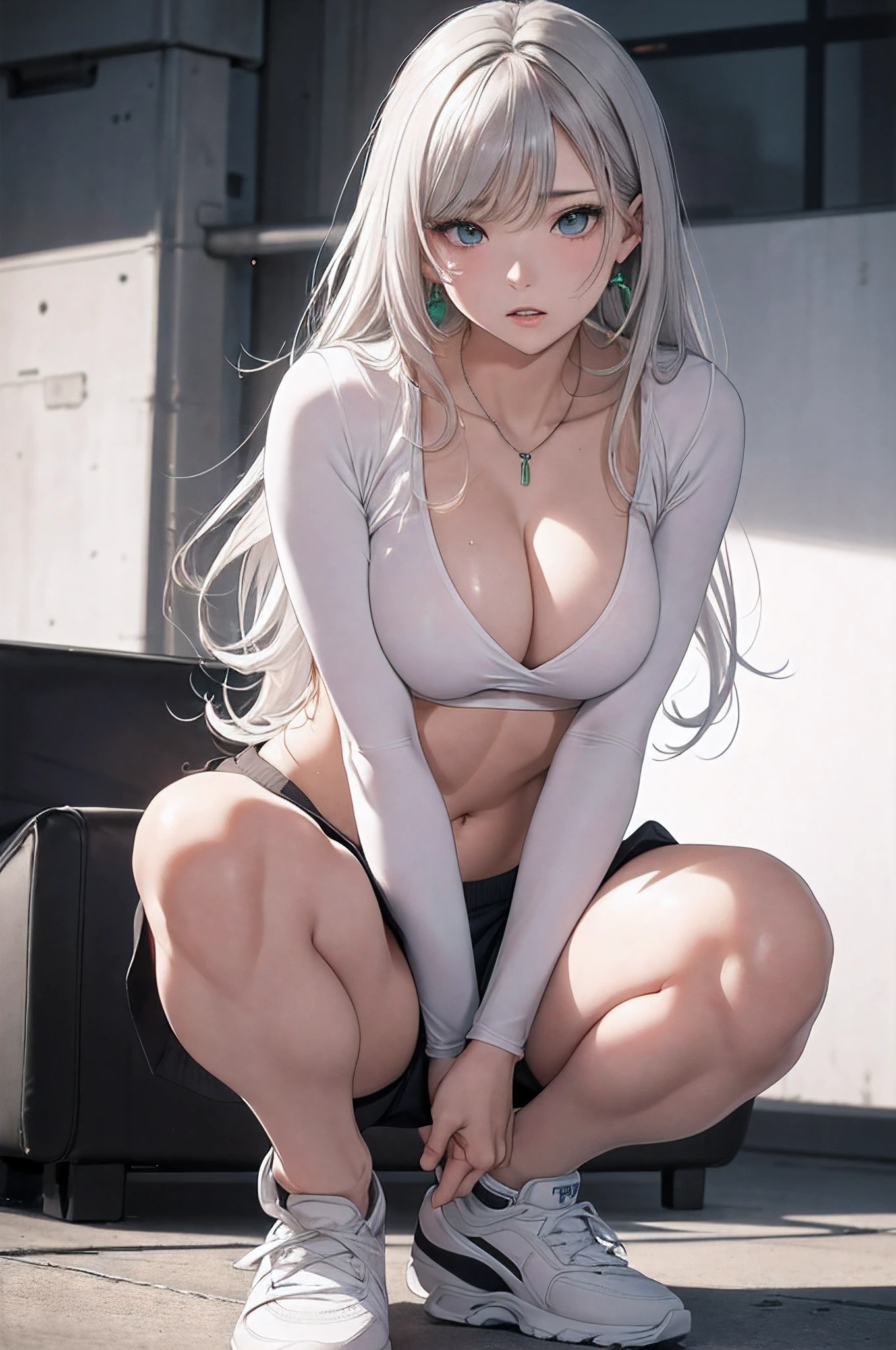 (Masutepiece: 1.3), (Maximum Definition-1.2), (Ultra HDTV: 1.2), Film Light, 8K resolution; detailed eyes and skin; detailed facial features; (Focus on Face: 1.2), (Focus on Face: 1.2) perfect form; beautiful face precise anatomically correct; Highly detailed face and skin textures; detailed eyes; double eyelids thin eyebrows, eye liner, natural cheeks bright skin Fair skin: 1.2; (glossy lips: 1.4); (Shy Appearance: 1.2); Highly detailed facial and skin textures; eye detail double eyelids natural skin Glossy Lips: 1.4; exposed membrane; (many sperm count in chest-1.4) (many sperm count in pounds-1.2); 1 girl solo red swelling humiliation impatience panicked; I thought, being angry shyness (Masturbation behavior-1.6); Shiny earrings and necklace, cropped hoodie outfit in white, sports shorts, cropped, denim color shoes white socks at night lane neon lights dramatic shadows; Highlights and depth, sweat, full body photo 20 years old Neat and clean woman wavy hair Partly long hair large Big upturned breasts, white-silver hair, blue-green eyes; A trustworthy position.