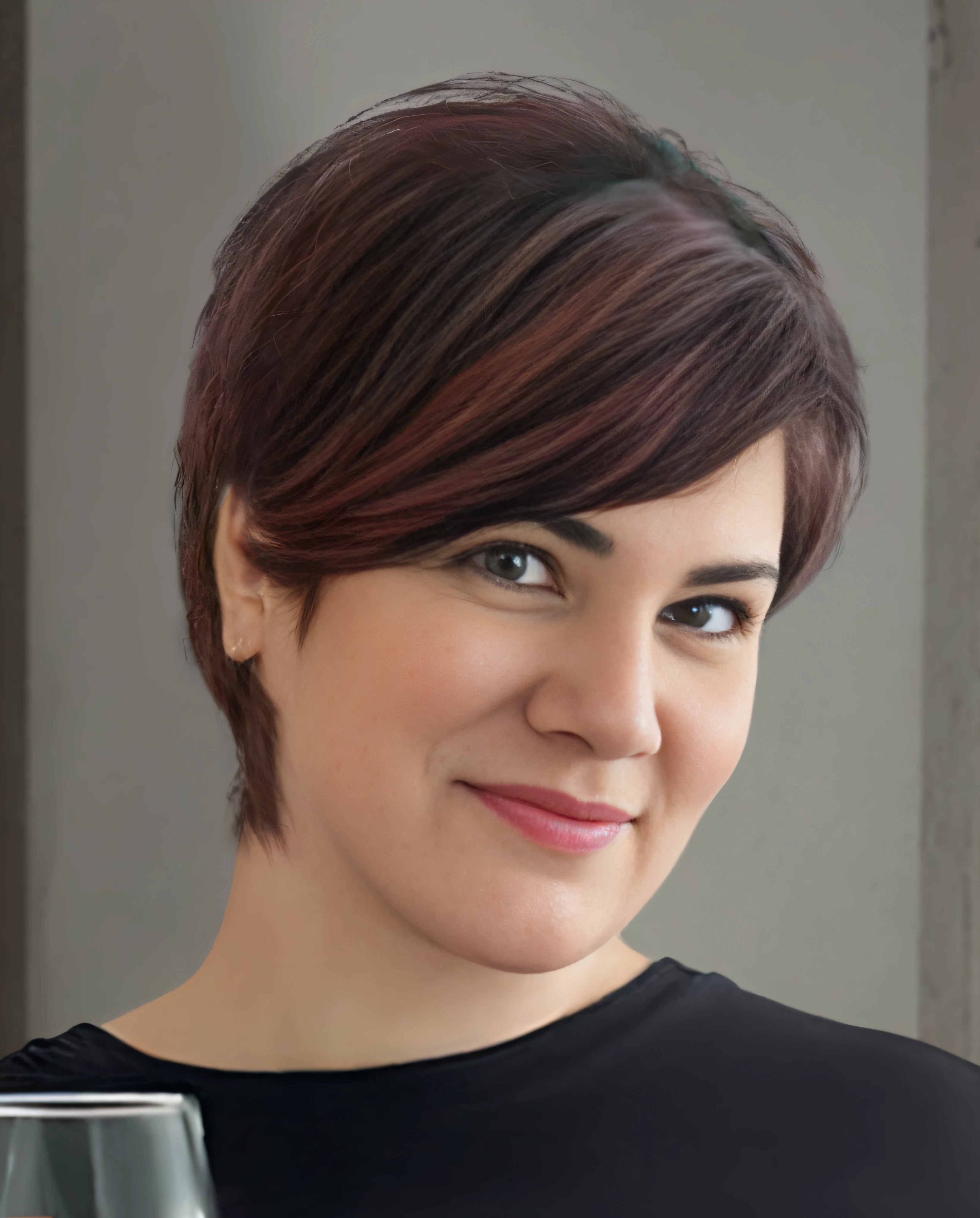 Woman holding a glass of wine and smiling, headshot portrait, with short hair, headshot photograph, Portrait of a character in the head, realistic studio portrait, promotional portrait, katinka reinke, Photo of a headshot, headshot profile picture, extreme close up portrait, professional headshot, halfbody headshot, aleksandra waliszewska, realistic portrait photo, maia sandu hyperrealistic, lifelike skin, hyper realisitc, Wine-colored hair, burgundy hair, Stylish haircut