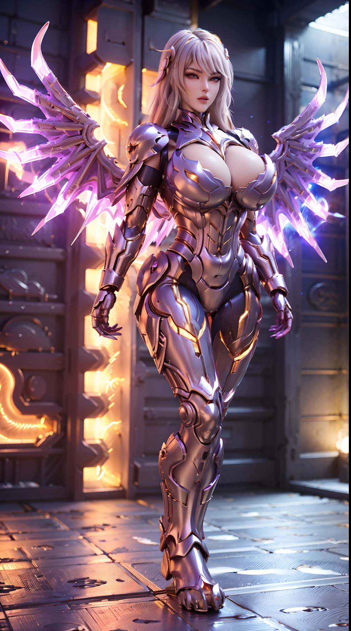 ((DRAGON BIG HORN ON HEAD)), HUGE FAKE BOOBS, (BEAUTIFUL FACE), (BLONDE HAIR), (WHITE, PURPLE, GOLD), (PHOENIX ARMORED GEAR), ((A PAIR OF LARGEST PHOENIX WINGS)), FUTURISTIC PHOENIX MECHA LATEX SUIT, (CLEAVAGE), (SKINTIGHT YOGA PANTS), (SEXY LEGS), (LOOKING ON VIEWER), (FULL BODY), ((STANDING)), (SLENDER), (SEXY BODY), (MUSCLE ABS), UHD, 8K, 1080P.