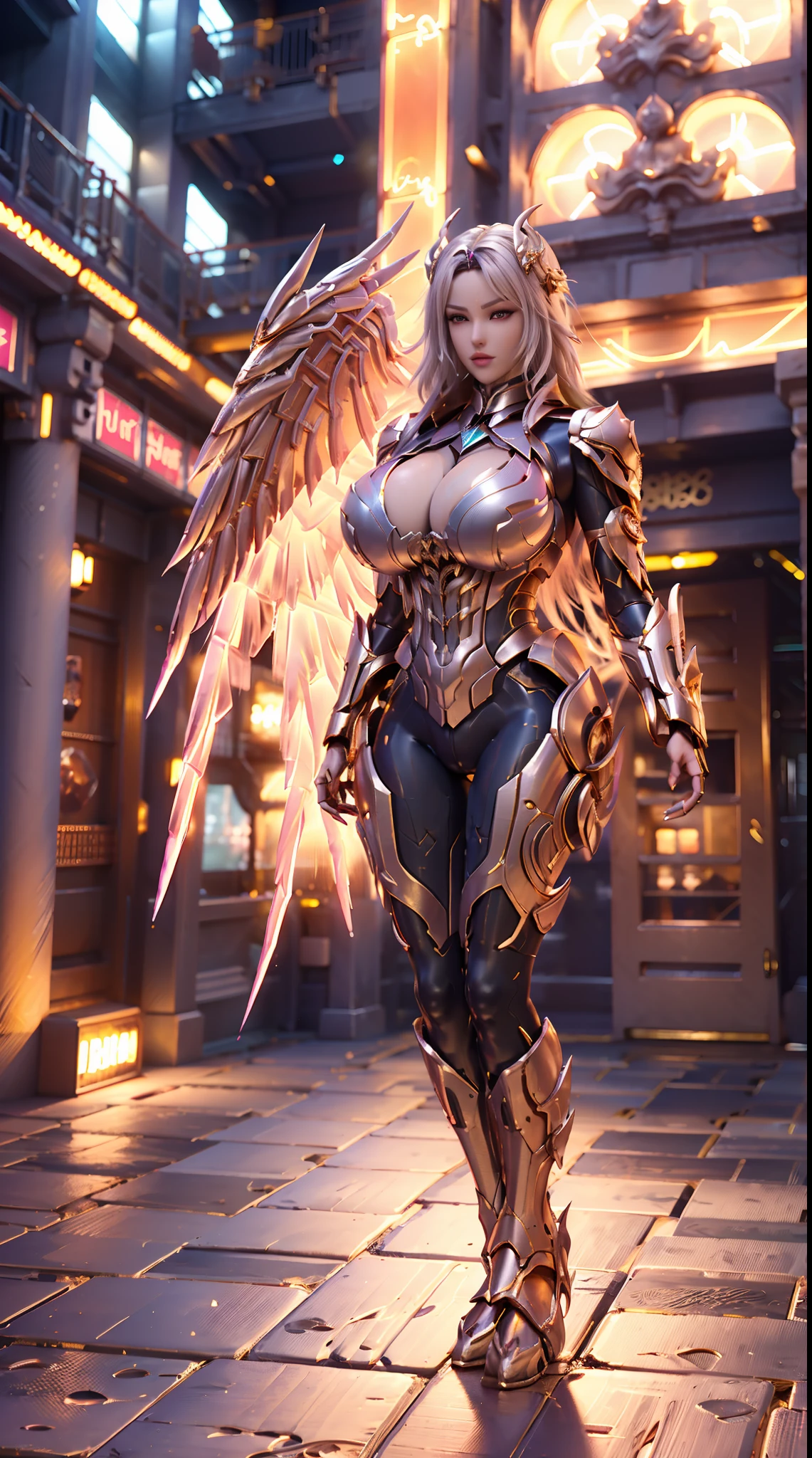 ((DRAGON BIG HORN ON HEAD)), HUGE FAKE BOOBS, (BEAUTIFUL FACE), (BLONDE HAIR), (WHITE, PURPLE, GOLD), (PHOENIX ARMORED GEAR), ((A PAIR OF LARGEST PHOENIX WINGS)), FUTURISTIC PHOENIX MECHA LATEX SUIT, (CLEAVAGE), (SKINTIGHT YOGA PANTS), (SEXY LEGS), (LOOKING ON VIEWER), (FULL BODY), ((STANDING)), (SLENDER), (SEXY BODY), (MUSCLE ABS), UHD, 8K, 1080P.