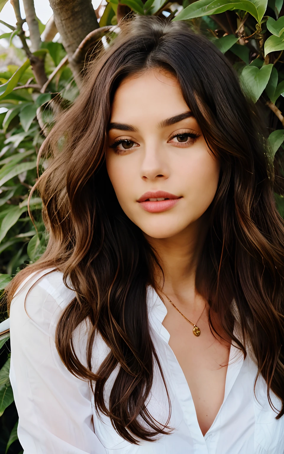 1 woman, wavy long hair, dark brown eyes, nature, plants, sky