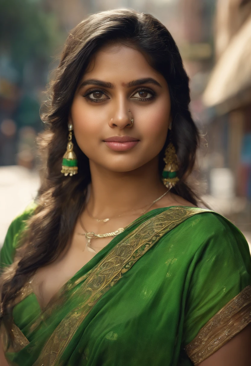 Indian girl, chubby face, jawline, charming face, black hair with blonde ends, green saree, city background