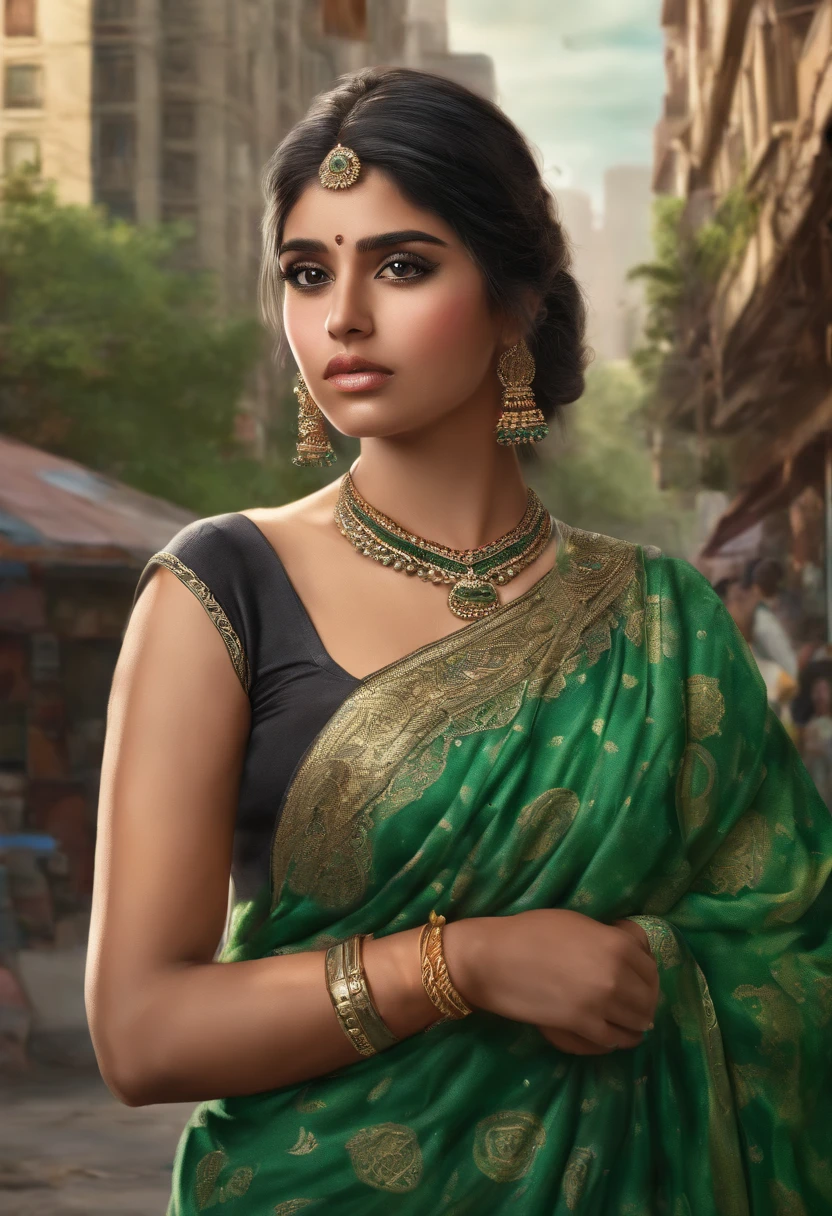 Indian girl, chubby face, jawline, charming face, black hair with blonde ends, green saree, city background