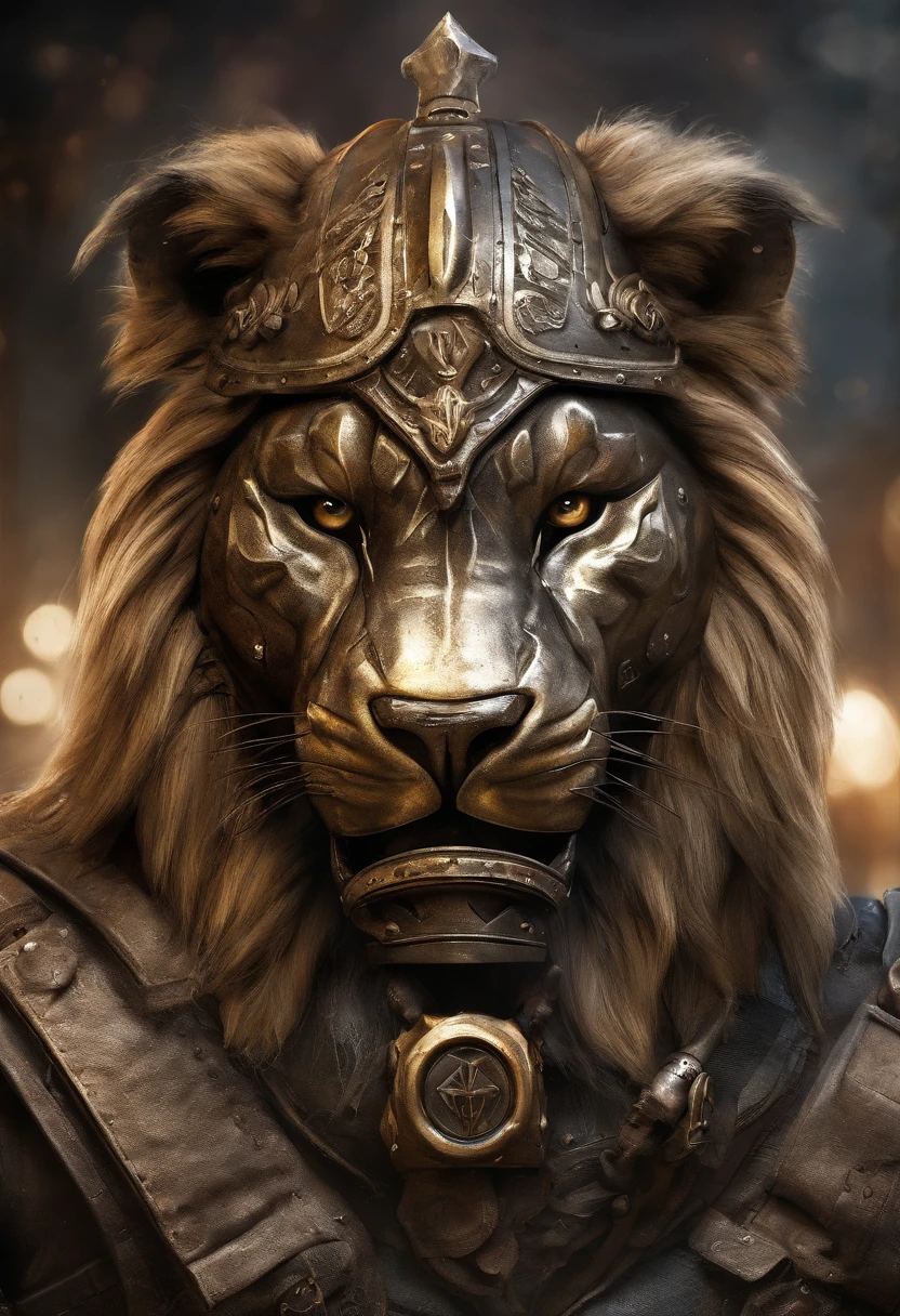 maximum quality, dramatic lighting, menacing pose, fierce expression, epic atmosphere, (((Lion's head shaped helmet))), (((tiro de corpo inteiro))),a lion made of metal, ciborgue, estilo cyberpunk, mechnical, ((detalhes intrincados)), HDR, ((detalhes intrincados, hiperdetalhado)), incandescent bulbs, Cinematic Shot, vinheta, bokeh efeito beckground, (Caninos), (tiro de corpo inteiro).