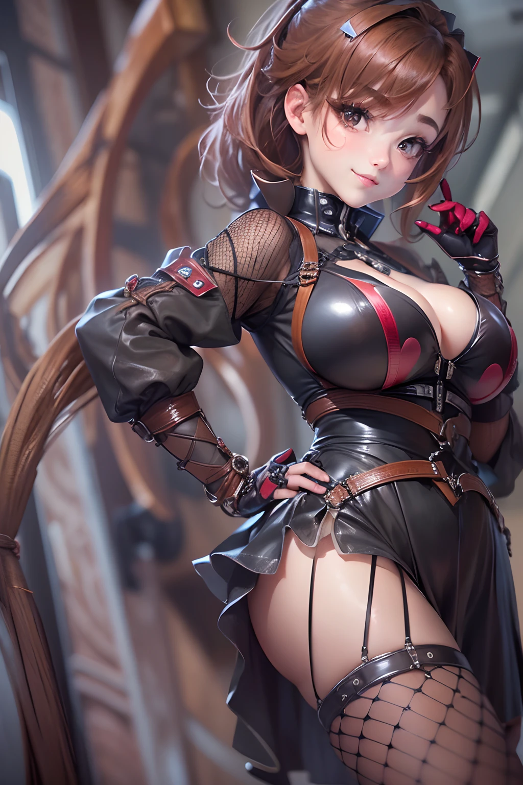 (16ｋ、Raw photography、top-quality、hight resolution、)、((biomechanical oppai,Leather bondage , Seductive Anime Girl,Misaka Mikoto,Brown hair))、(finerly detailed face:1.3)、(​masterpiece:1.4)、(top-quality:1.4)、 Beautiful fine skin、(cute little:1.3)、((long  skirt))、(Complex fishnet stockings)、pin heels、Leather luster 3.0、((tthin eyebrows、long eyelashes、smil、二重まぶた、))、Beautiful skin、(Dark red bondage)、Real Photo Stick、Woman in seductive pose、What BDSM looks like、skin-tight、