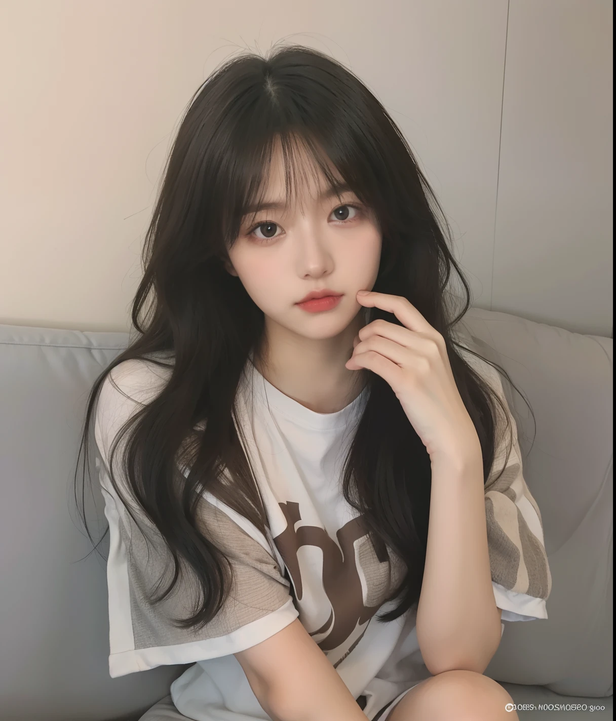 1girl,sitting on a cozy couch,crossing legs,soft light