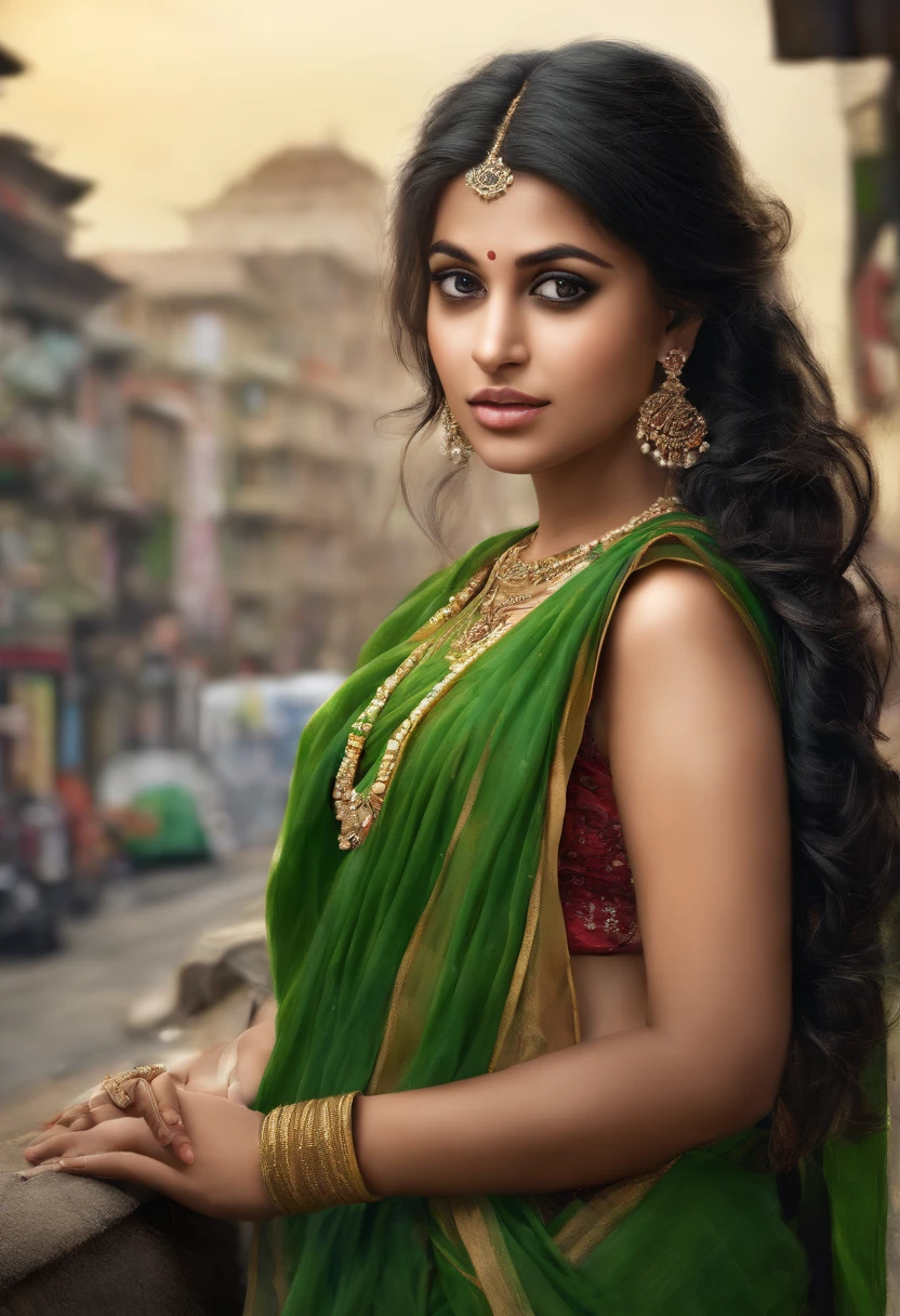 Desi girl, chubby face, jawline, charming face, black hair with blonde ends, green saree, city background
