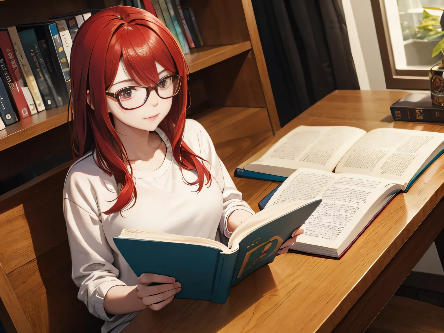 Active girl with red hair in glasses reading a book、a short bob、anime moe art style,High resolution 8K,