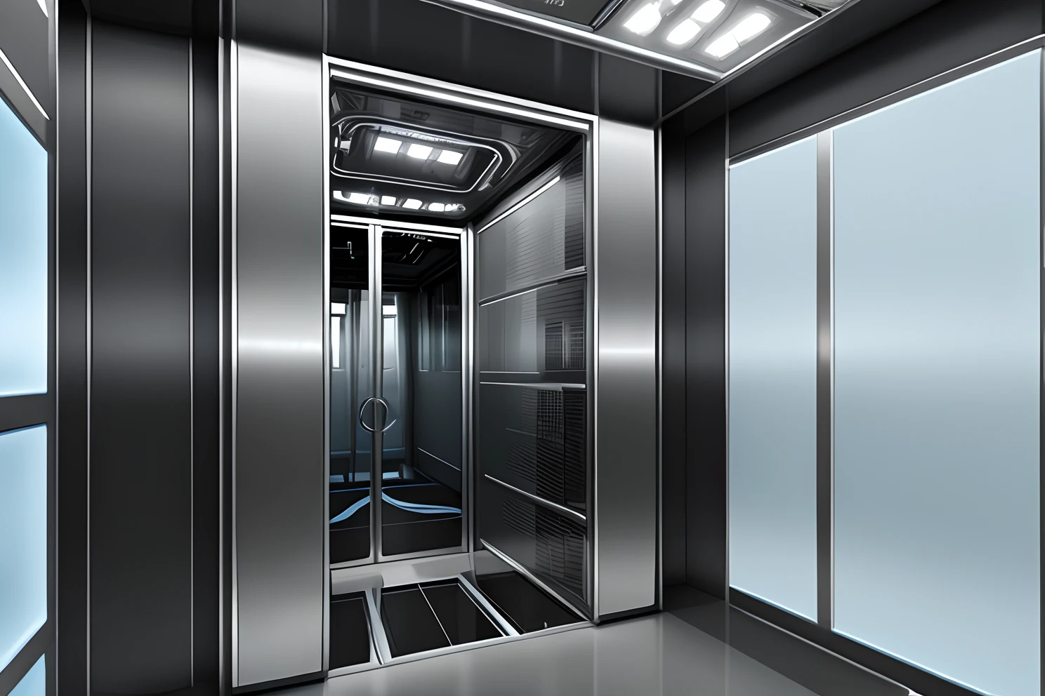 Elevator on a spaceship, Grey Metal Elevator, higly detailed,Filmic, The entourage of the future, 8k