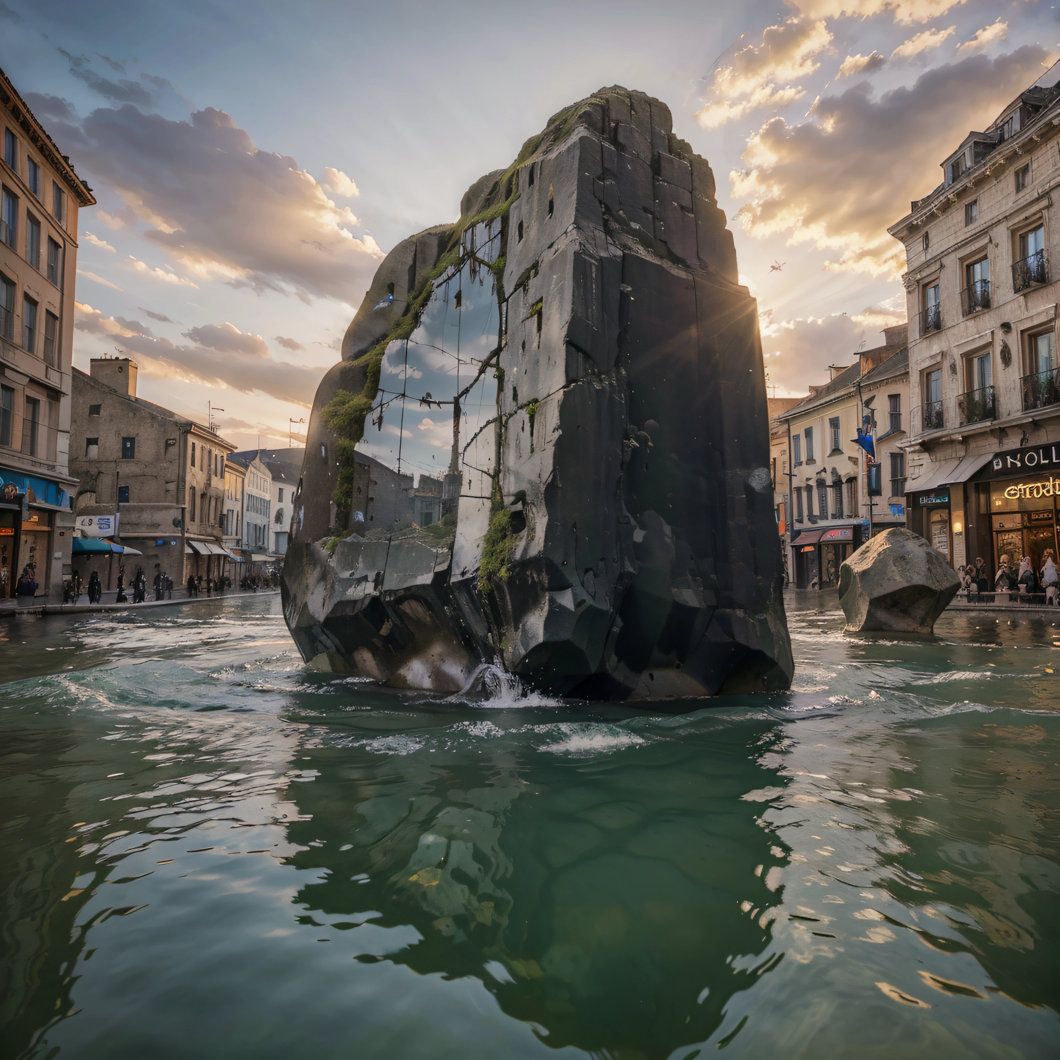 (highest quality, high resolution, masterpiece, photography), A large stone monolith floating in the middle of a town center, (floating rock:1.4), one monolith
