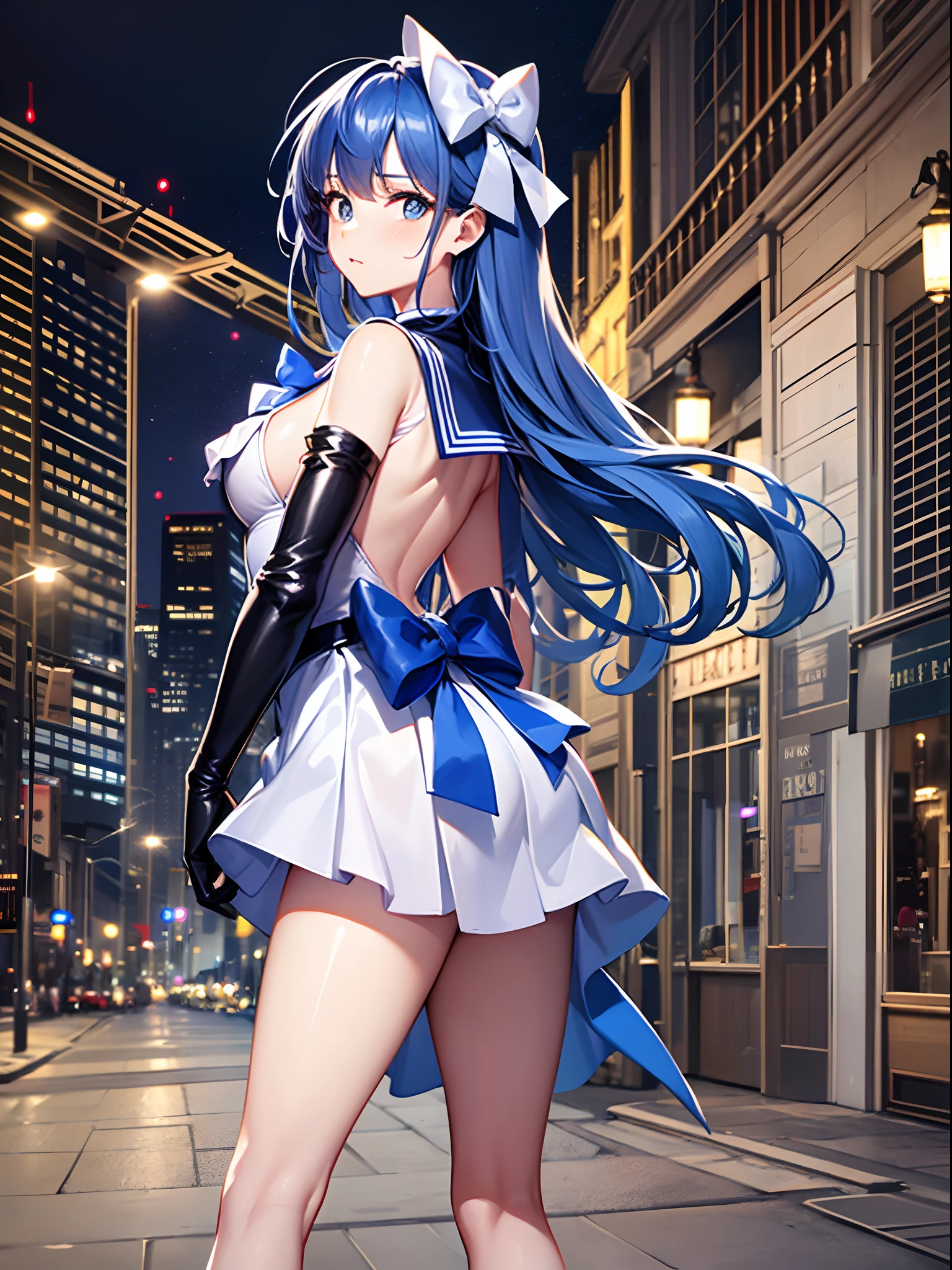 Best quality,Masterpiece,18 years old,1lady,cute face,kawaii,bishojo,At night,Rich background,Sailor Mercury,Sailor warrior suit, Blue hair, Blue pupils,Long latex gloves,hedge,Curly hair,High heels,Long legs:1.2,tall legs:1.2,tall girl:1.1,smooth legs,smooth thighs,Slender:1.2,Thin legs,Thin thighs:1.2,standing:1.1,From behind:1.1,Full body shot:1.2,White solid blue skirt, Blue collar,The bust apron is decorated with a light blue bow, Solid blue round gemstone on bow on chest,White three-ring gloves,Blue-and-white-edged half-heeled boots,