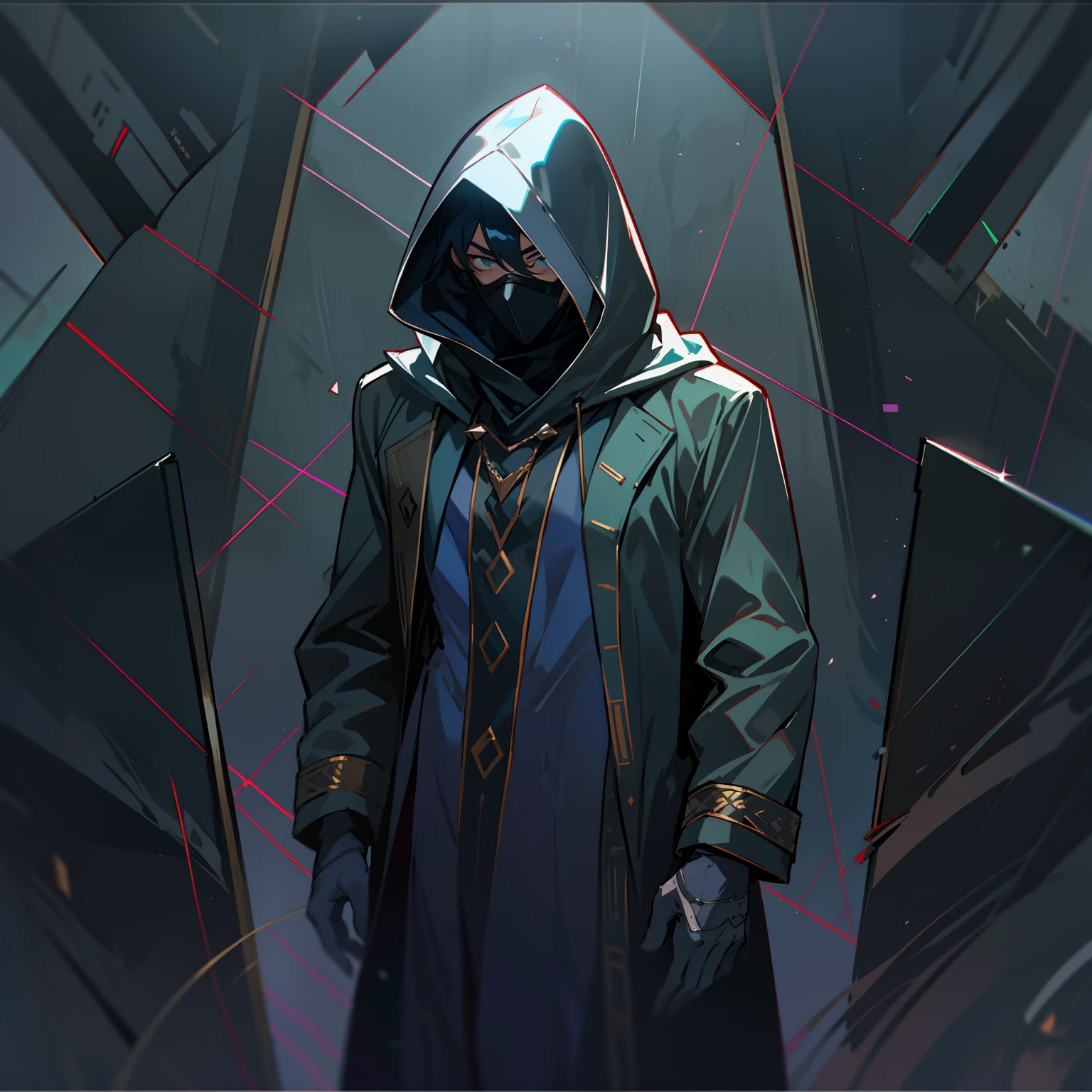 solo, male, Generate an image of a mysterious male character wearing a long, hooded coat. The coat should be dark and billowing, giving the character an enigmatic look. The character's face should be partially concealed by a Geometric Low Poly Mask, adding an air of intrigue to his appearance. The overall scene should exude an aura of mystery and suspense, close-up angle looker