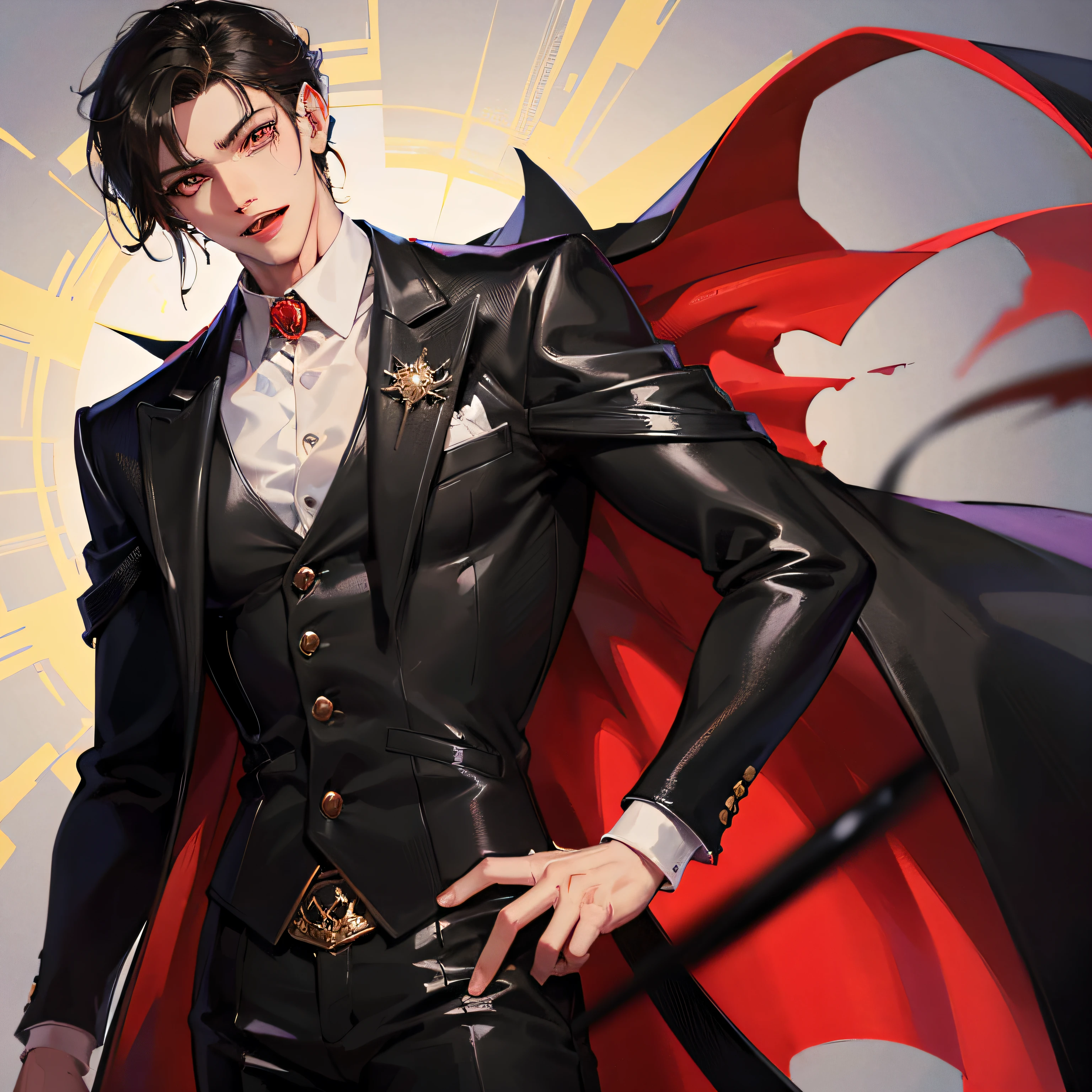 Absurd, high resolution, super detailed), 1 male, adult, handsome, tall muscular man, broad shoulders, black suit, scarlet eyes and delicate face, black hair, fantasy, vampire, fangs, fangs