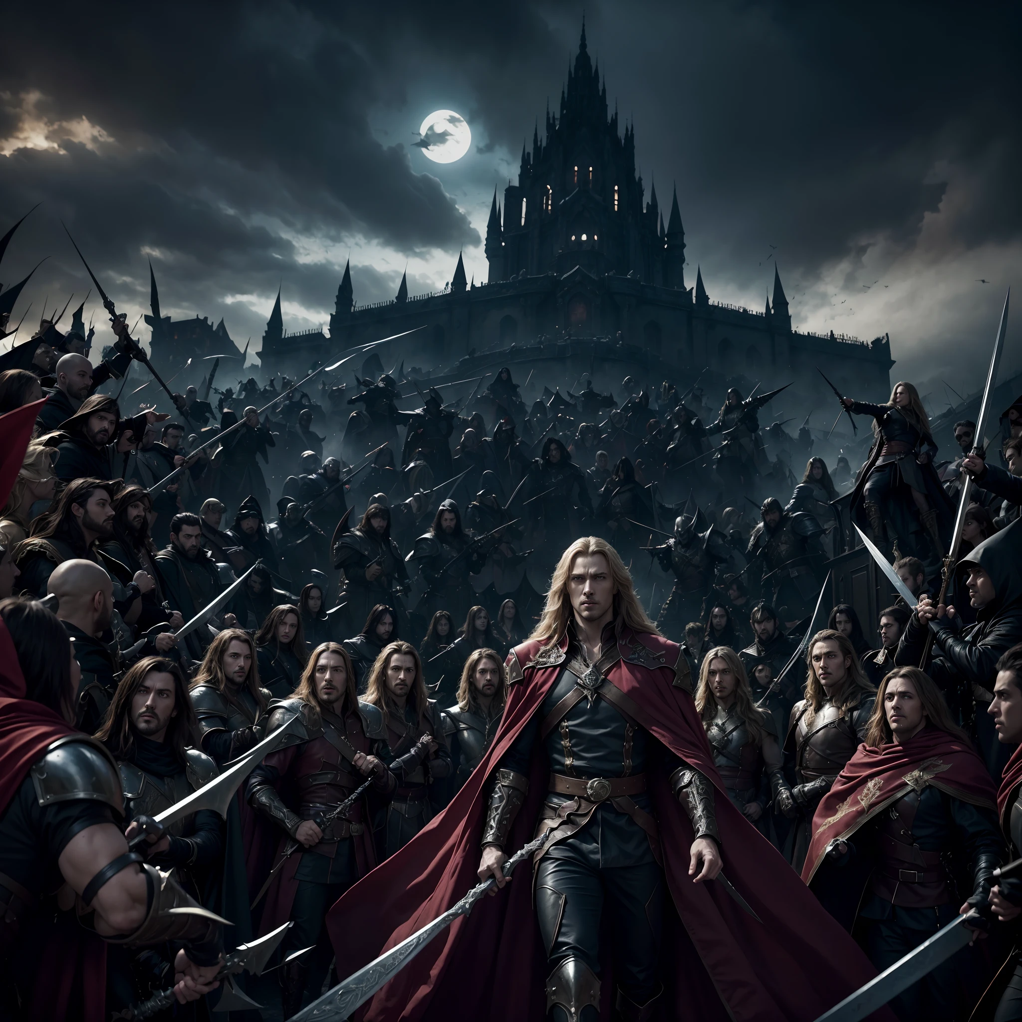 Castlevania Lord of the shadows hyper realistic super detailed Dynamic shot master piece scene cinématique scènes movie Epic Legendary Lord Dracula leading troops army of demons to battle