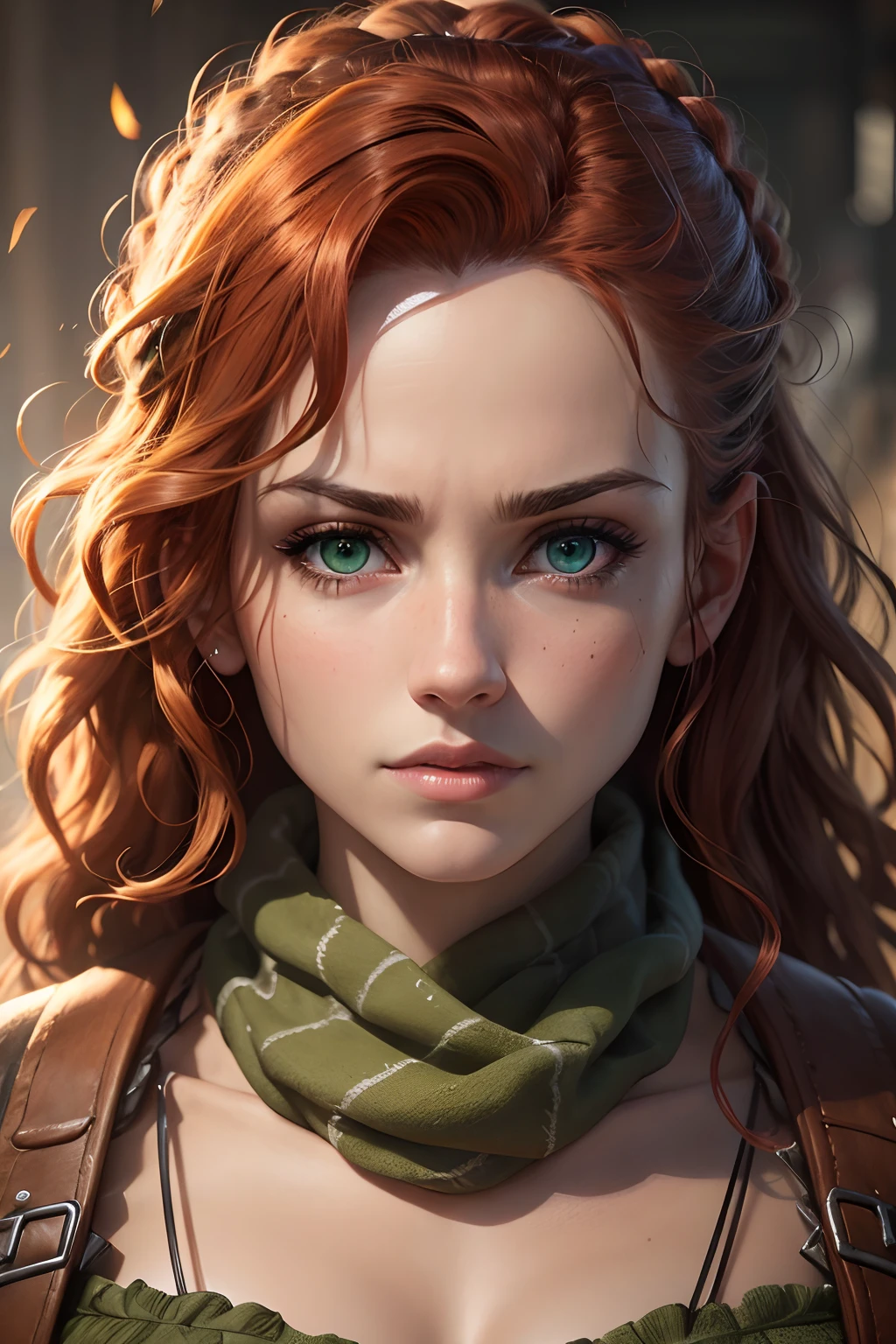A photorealistic portrait of Amy Manson, wide jaw, strong chin, closeup, close-up, with light makeup, Extremely detailed green eyes, curly red hair hanging down, hair framing face, serious expression, one eyebrow raised, A detailed symmetrical realistic face, green keffiyeh, tatty multicam jacket, Highly detailed natural texture, master piece, absurdes, extremly detailed, astonishing, fine detail, couleurs riches, Hyper realistic texture, dramatic lighting