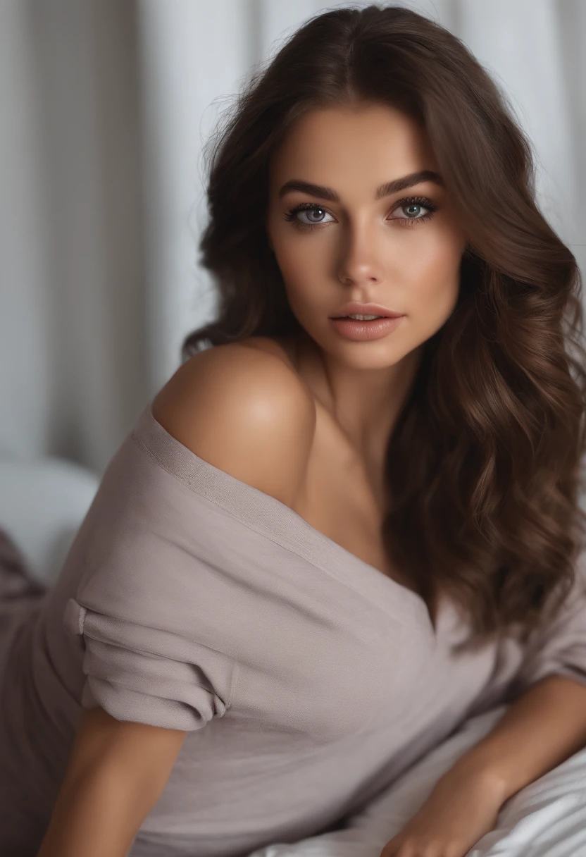 arafed woman fully , sexy girl with brown eyes, ultra realistic, meticulously detailed, portrait sophie mudd, brown hair and large eyes, selfie of a young woman, bedroom eyes, violet myers, without makeup, natural makeup, looking directly at the camera, face with artgram, subtle makeup, stunning full body shot kneeling on bed, in bedroom, medium to large size bust