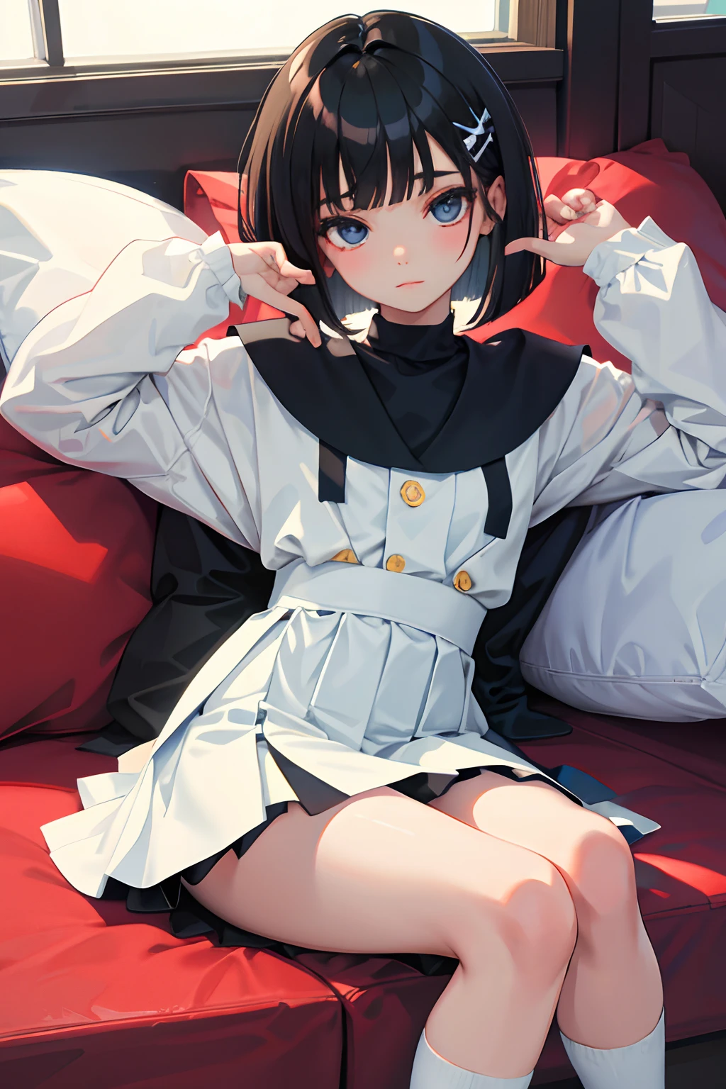 child，（​masterpiece，Highest Quality），pleatedskirt，thigh-high socks，Sleepy face，A dark-haired，Medium bob
