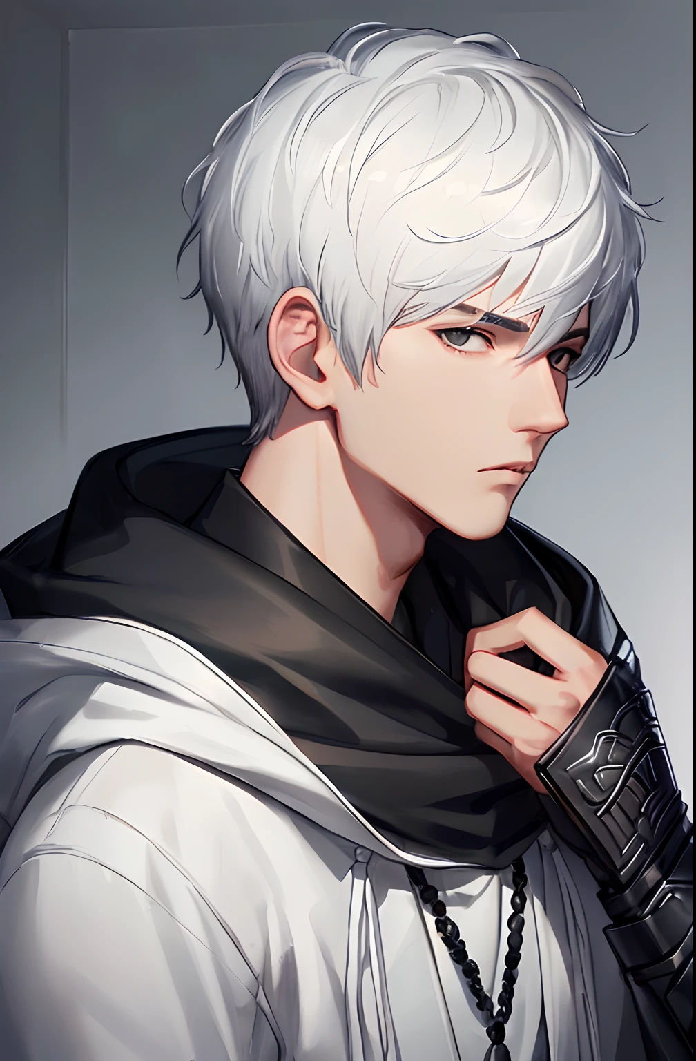 kk, best quality, more details, masterpiece, 1boy, portrait, male focus, black eyes, solo, bangs, looking at viewer, hood, short hair, white hair, luxurious, 8k, detailed, ray tracing, depth of field, cinematic lighting, The hand holding the mask is raised.