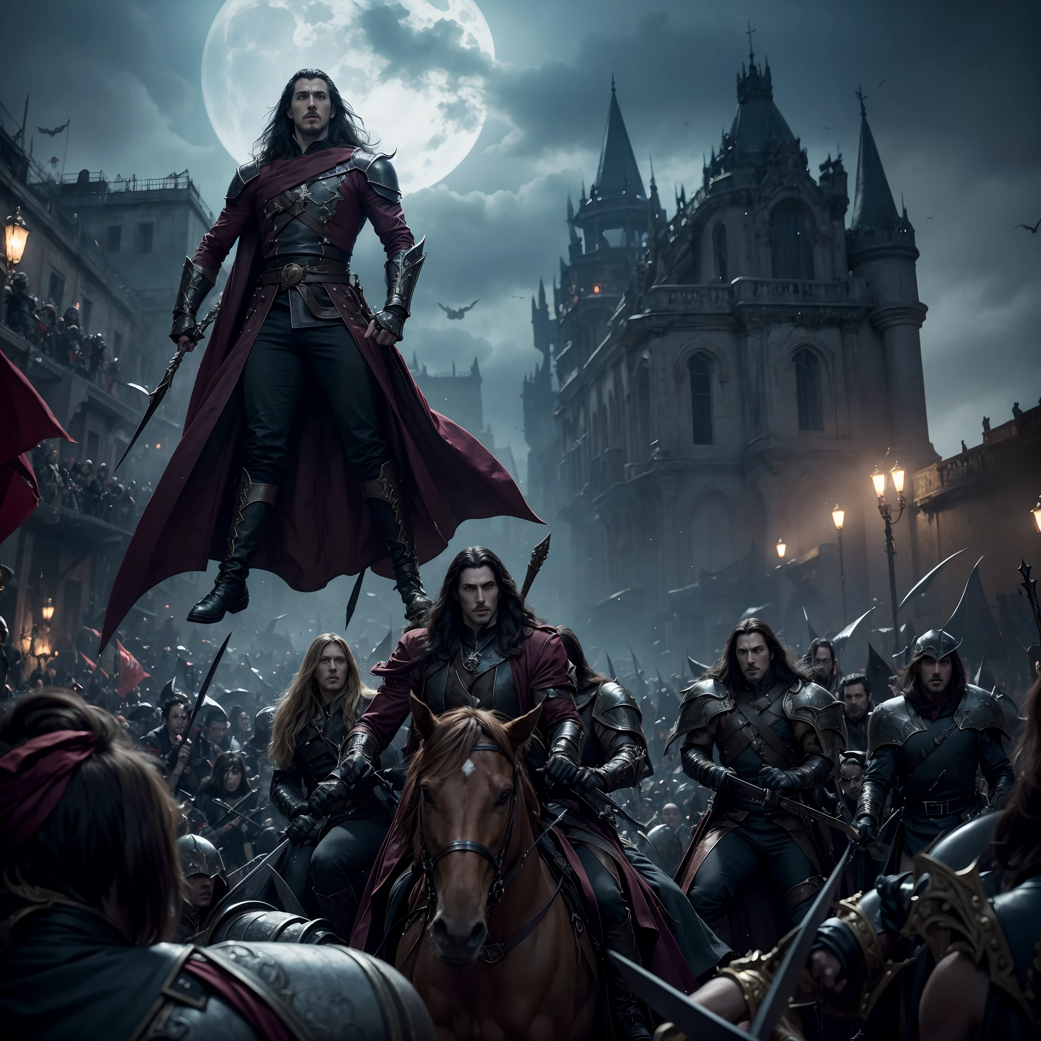 Castlevania Lord of the shadows hyper realistic super detailed Dynamic shot master piece scene cinématique scènes movie Epic Legendary Lord Dracula leading troops army of demons to battle