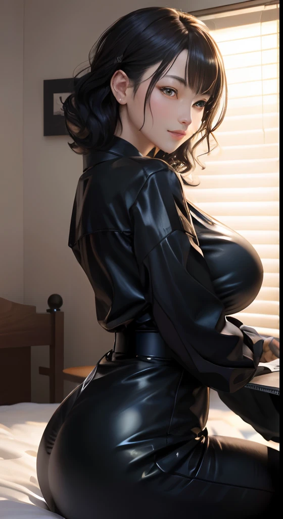masutepiece, Best Quality、Realistic, ( Intricate details, depth of fields)、Hyper-Realism, 8K, Best Quality, Super Detail, retinas, ighly detailed, Perfect face, Perfect body, Huge breasts, Constriction, Very big ass, Glamour, indirect lighting, hair wavy、Shorthair、prety woman,A dark-haired、goddess of Japan、 the perfect appearance, Smile, ta, Oily skin、shinny skin、indirect lighting, Anatomically correct、Skin Texture、
pronpt: "Collaborating" instructions: Sitting on the bed、While checking laptop and documents with boyfriend、Woman working together with serious expression。Wear relaxed and casual attire、Act out how you cooperate with each other。